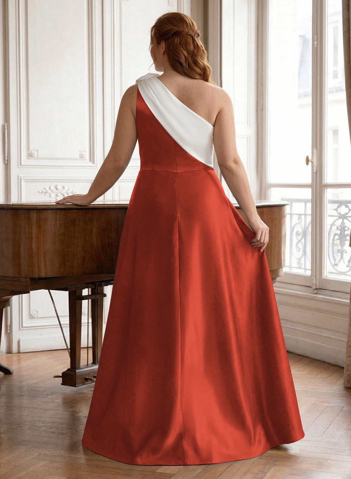Unique Flower(s) One-Shoulder Overskirt Floor-Length Satin Mother Of The Bride Dresses, product image 58