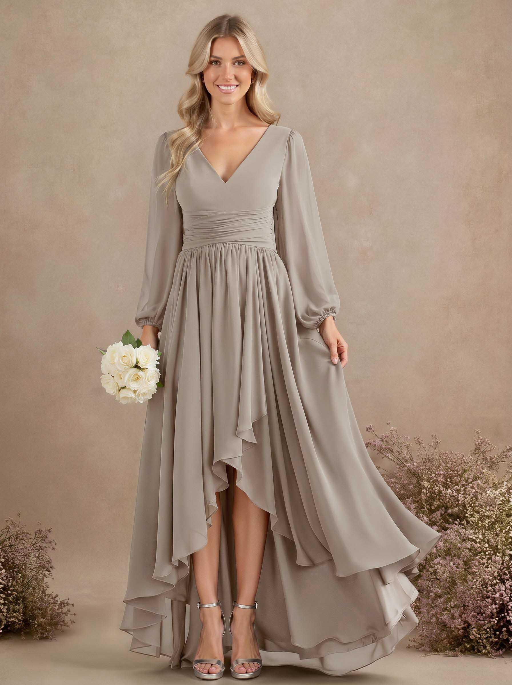 A-Line V-Neck Long Sleeves Floor-Length Chiffon Bridesmaid Dresses With Pleated, product image 62