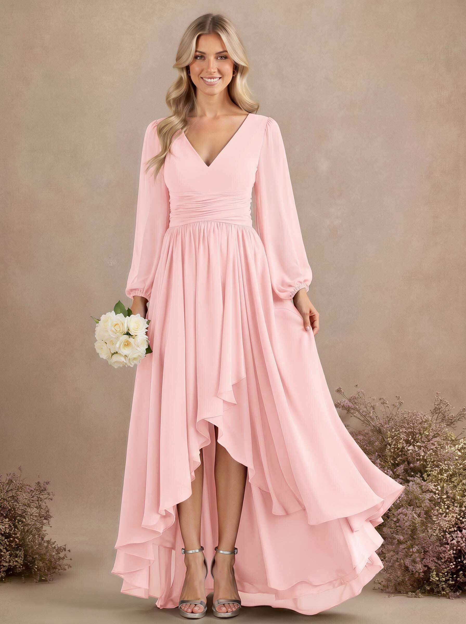 A-Line V-Neck Long Sleeves Floor-Length Chiffon Bridesmaid Dresses With Pleated, product image 26
