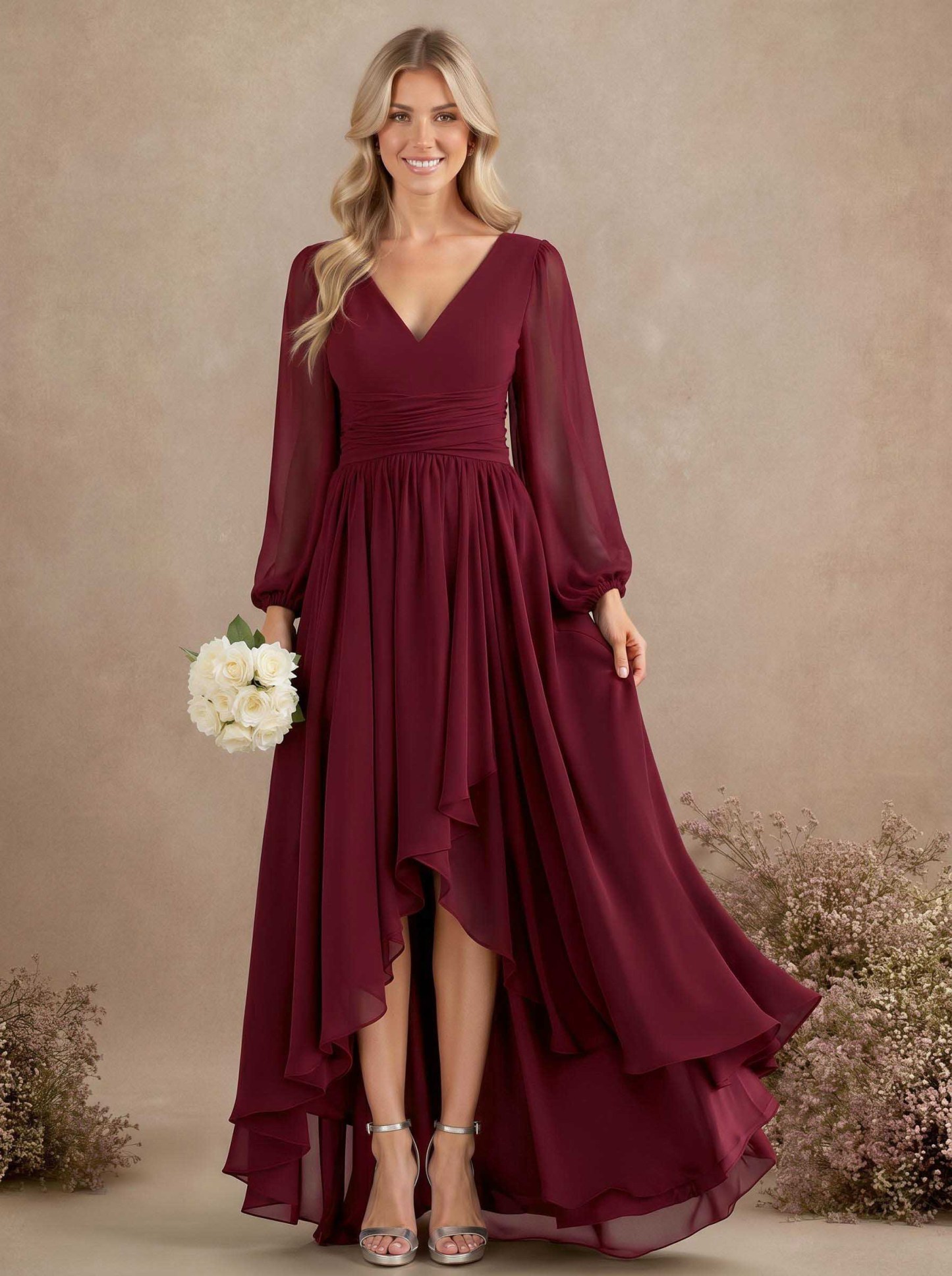 A-Line V-Neck Long Sleeves Floor-Length Chiffon Bridesmaid Dresses With Pleated, product image 15