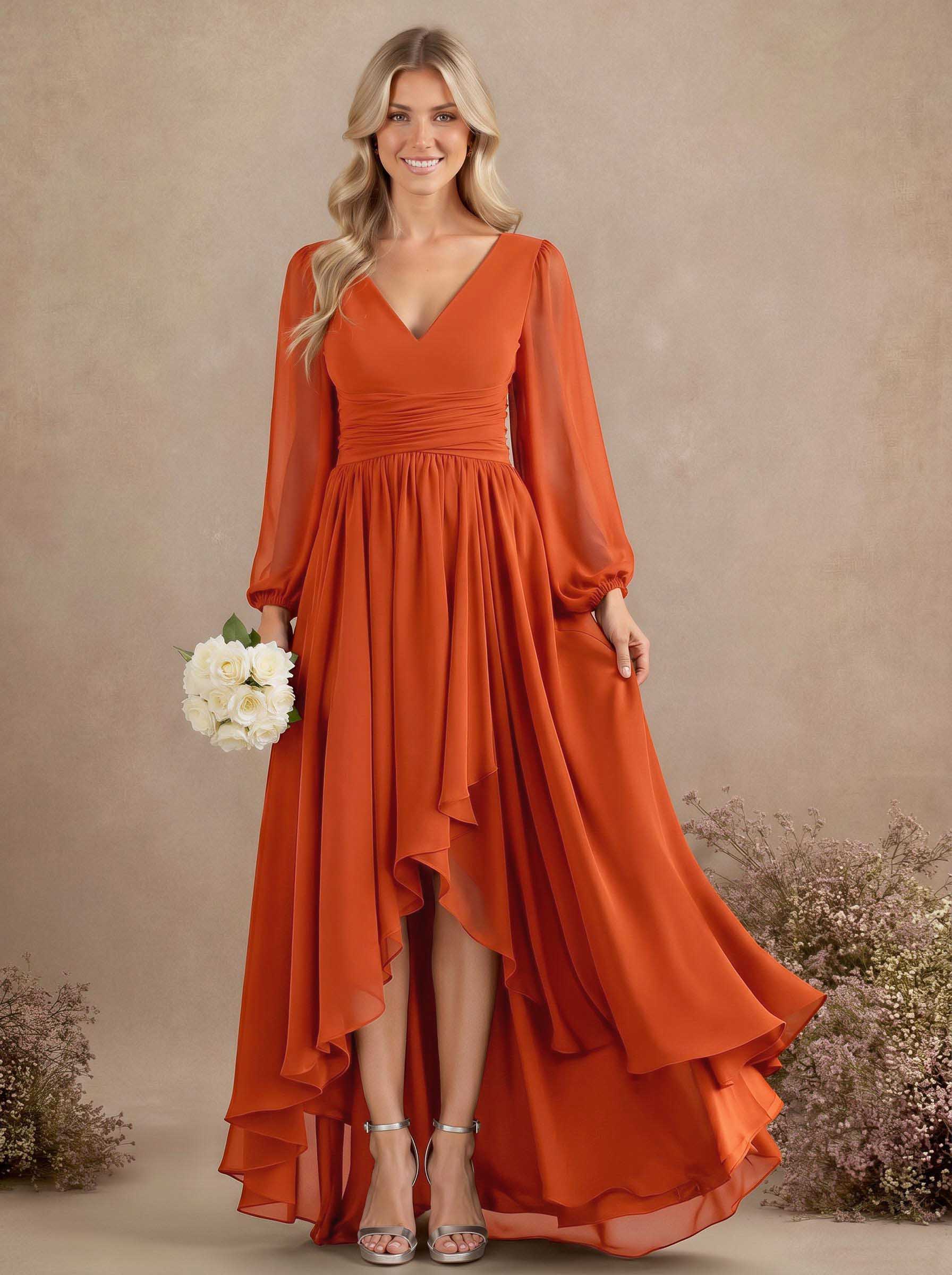 A-Line V-Neck Long Sleeves Floor-Length Chiffon Bridesmaid Dresses With Pleated, product image 63