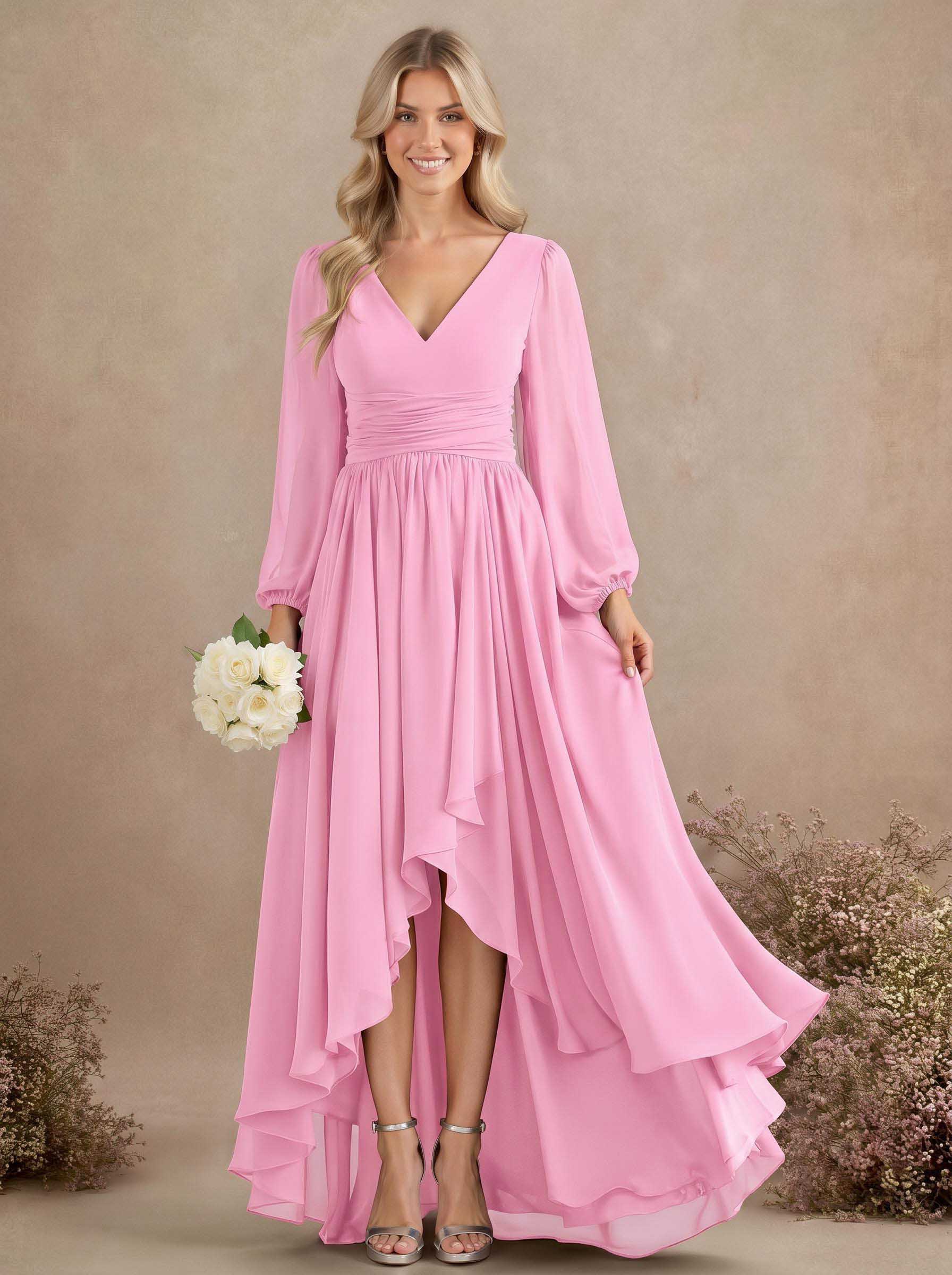 A-Line V-Neck Long Sleeves Floor-Length Chiffon Bridesmaid Dresses With Pleated, product image 27