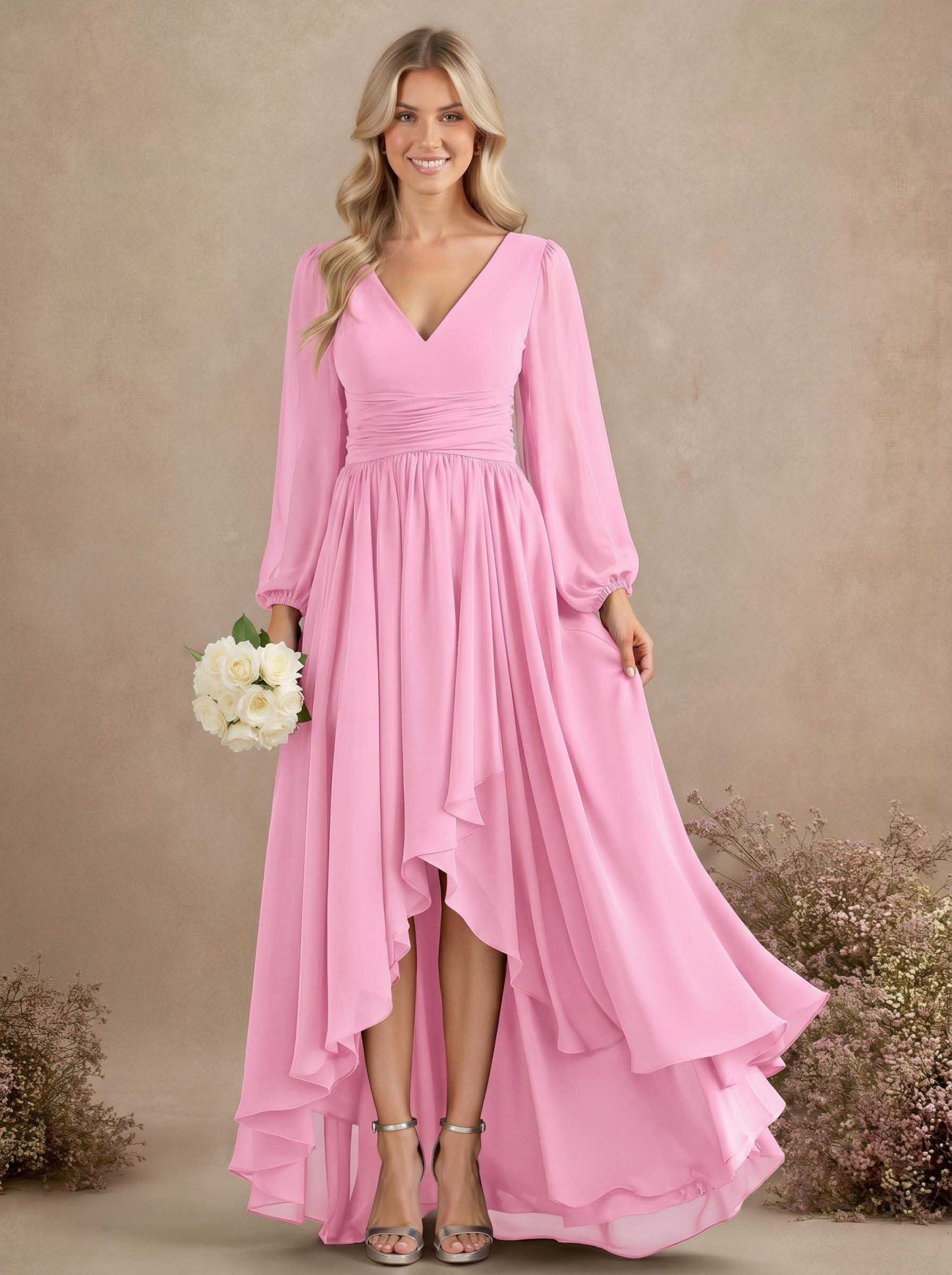 A-Line V-Neck Long Sleeves Floor-Length Chiffon Bridesmaid Dresses With Pleated, product image 27