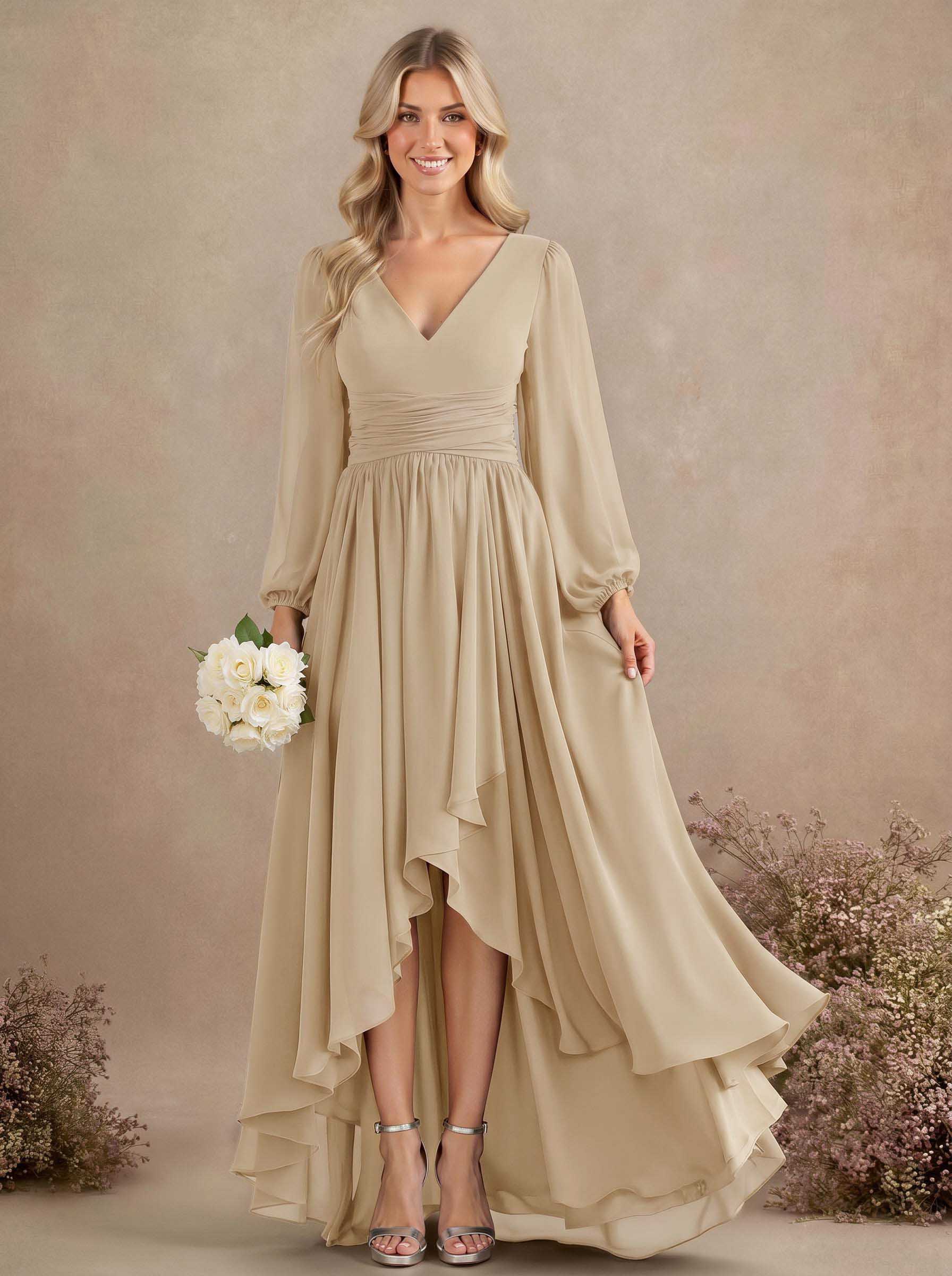 A-Line V-Neck Long Sleeves Floor-Length Chiffon Bridesmaid Dresses With Pleated, product image 49