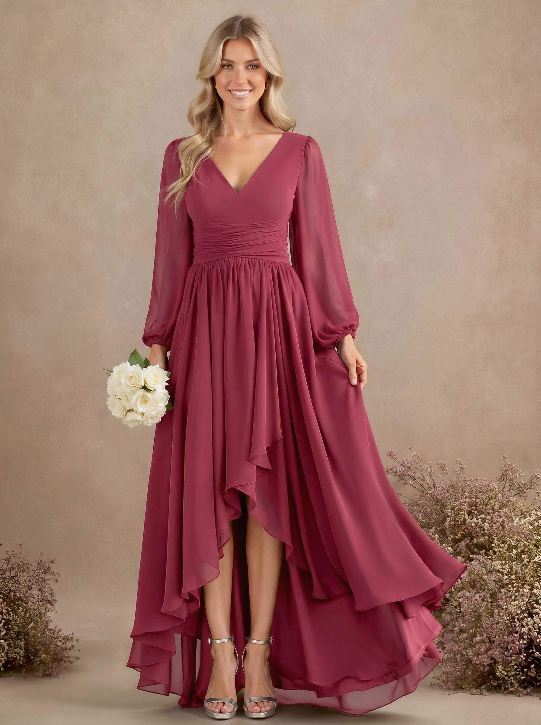 A-Line V-Neck Long Sleeves Floor-Length Chiffon Bridesmaid Dresses With Pleated, product image 16