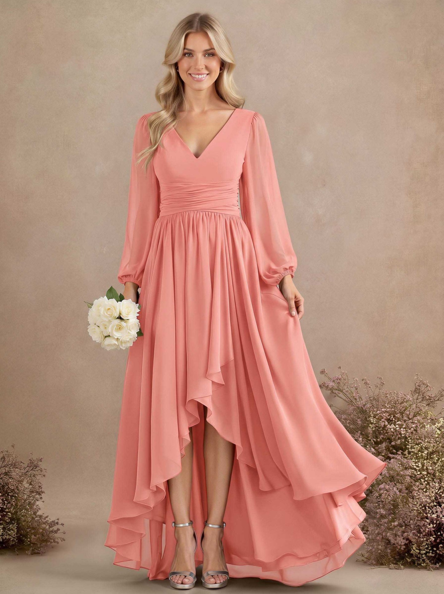 A-Line V-Neck Long Sleeves Floor-Length Chiffon Bridesmaid Dresses With Pleated, product image 25