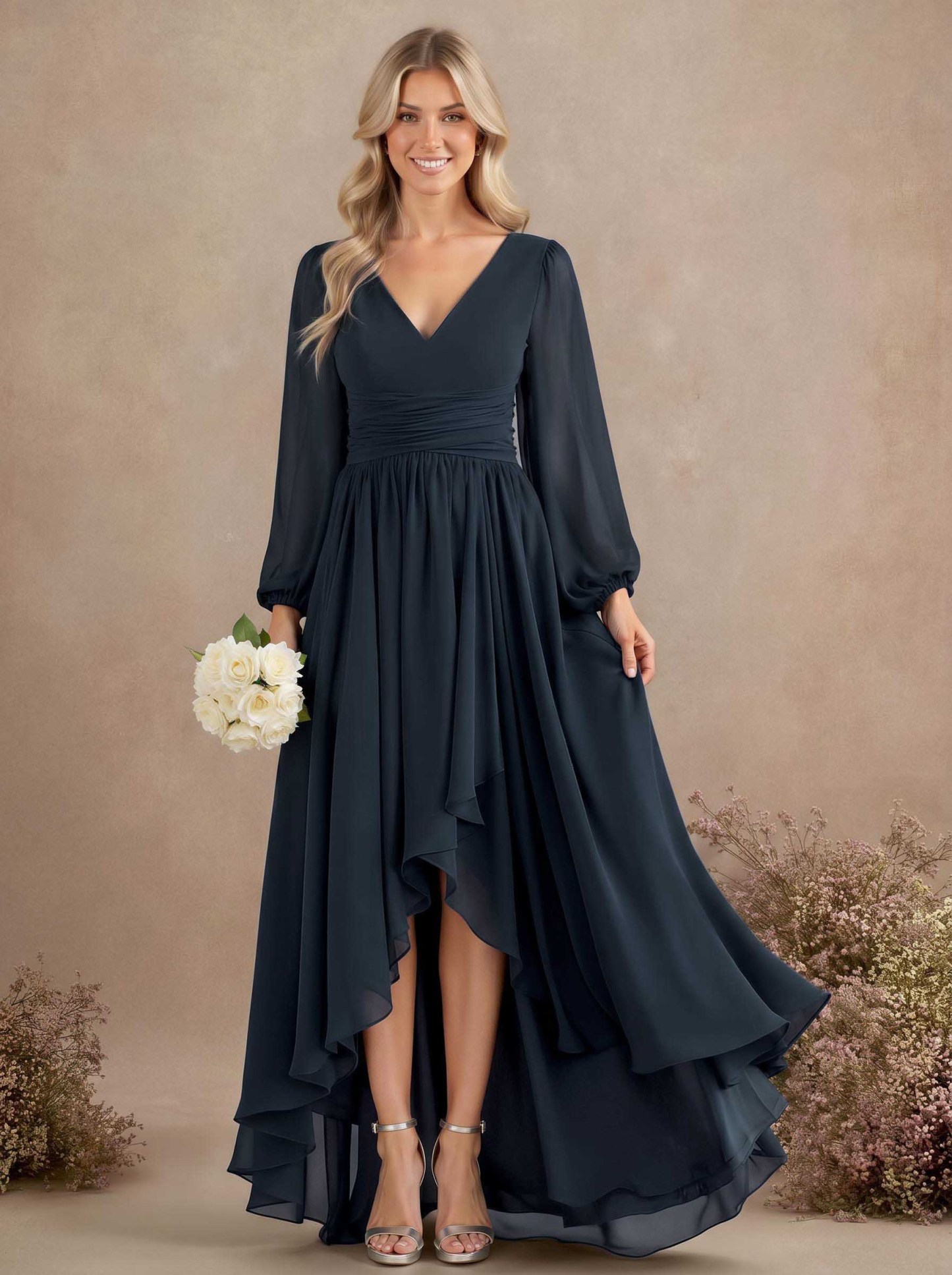 A-Line V-Neck Long Sleeves Floor-Length Chiffon Bridesmaid Dresses With Pleated, product image 3