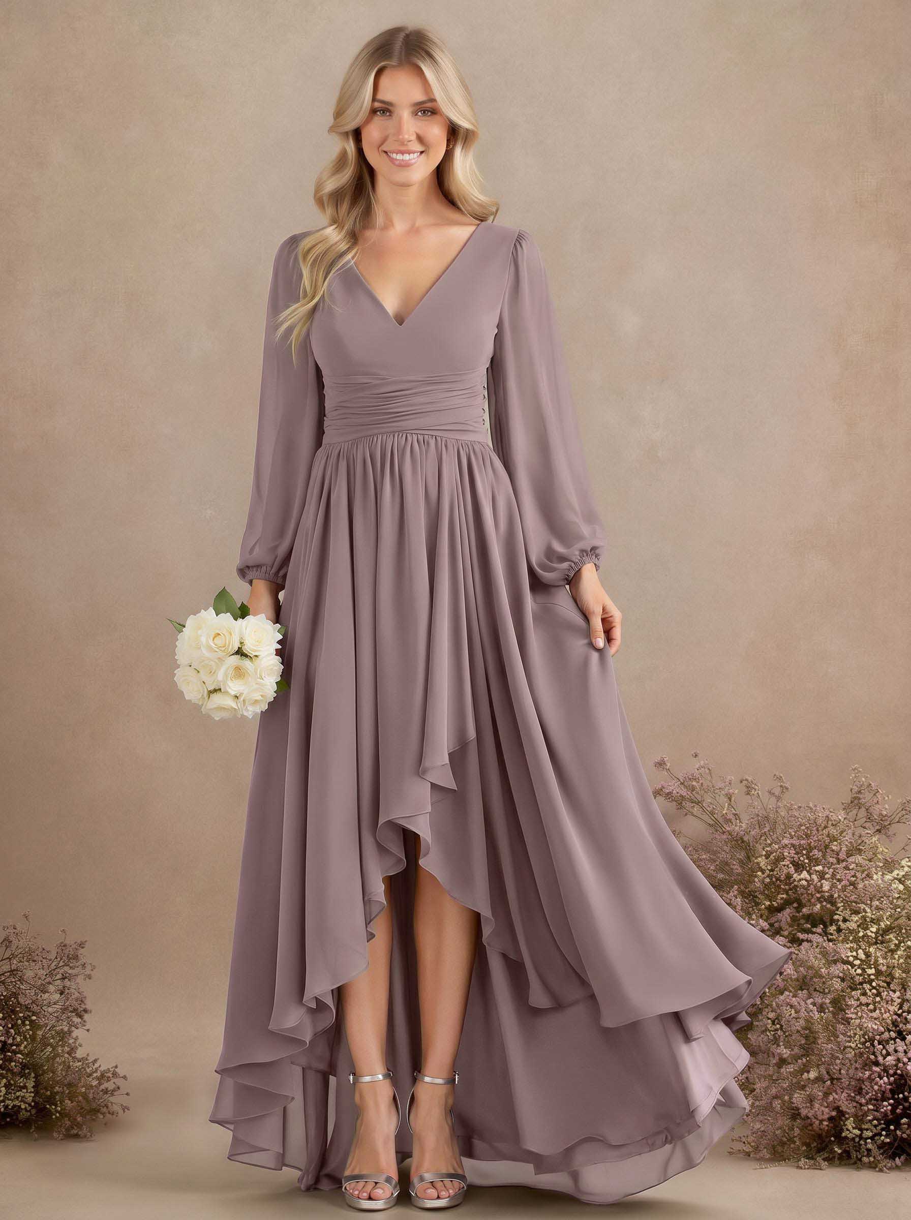 A-Line V-Neck Long Sleeves Floor-Length Chiffon Bridesmaid Dresses With Pleated, product image 28