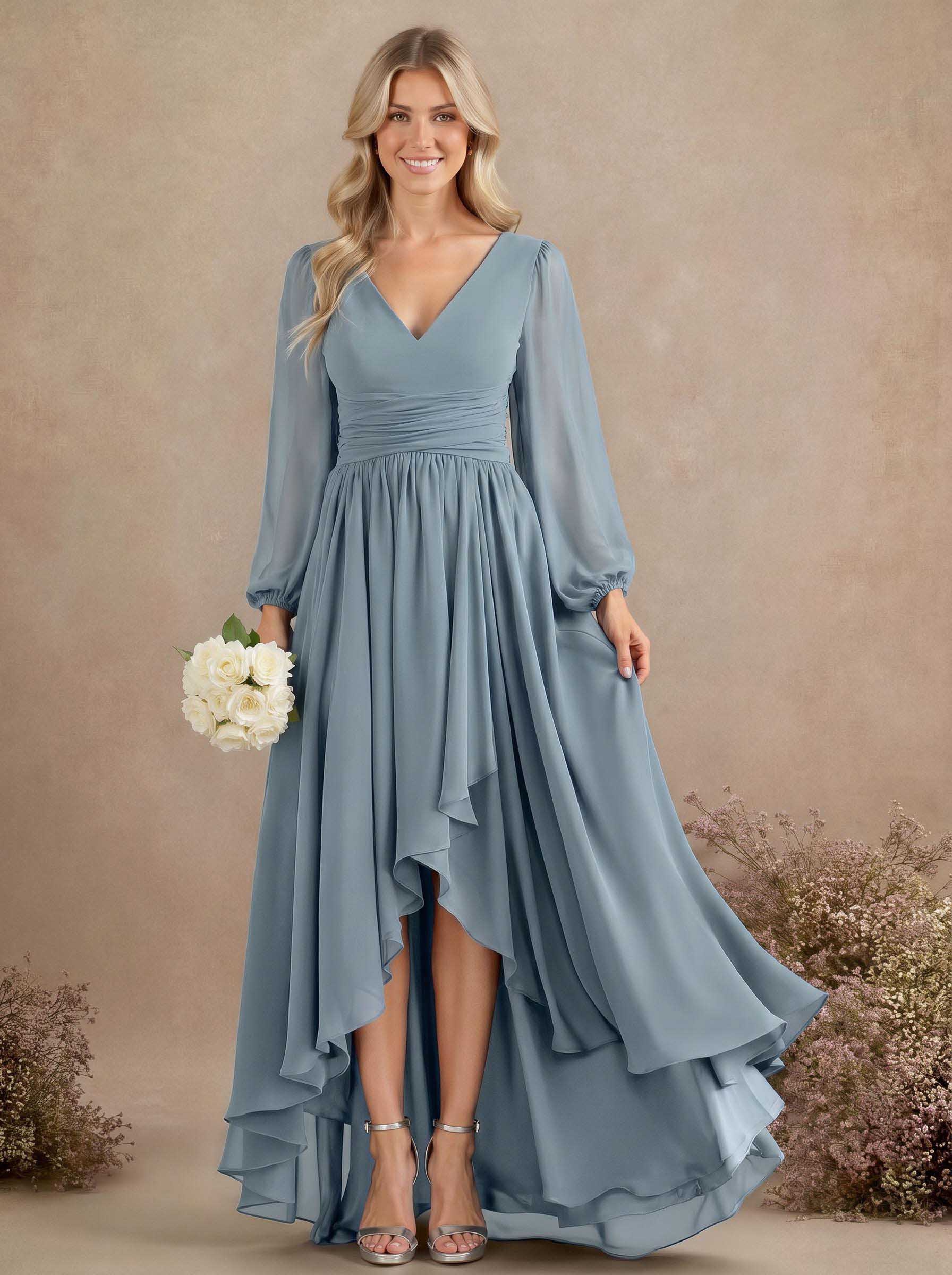 A-Line V-Neck Long Sleeves Floor-Length Chiffon Bridesmaid Dresses With Pleated, product image 5