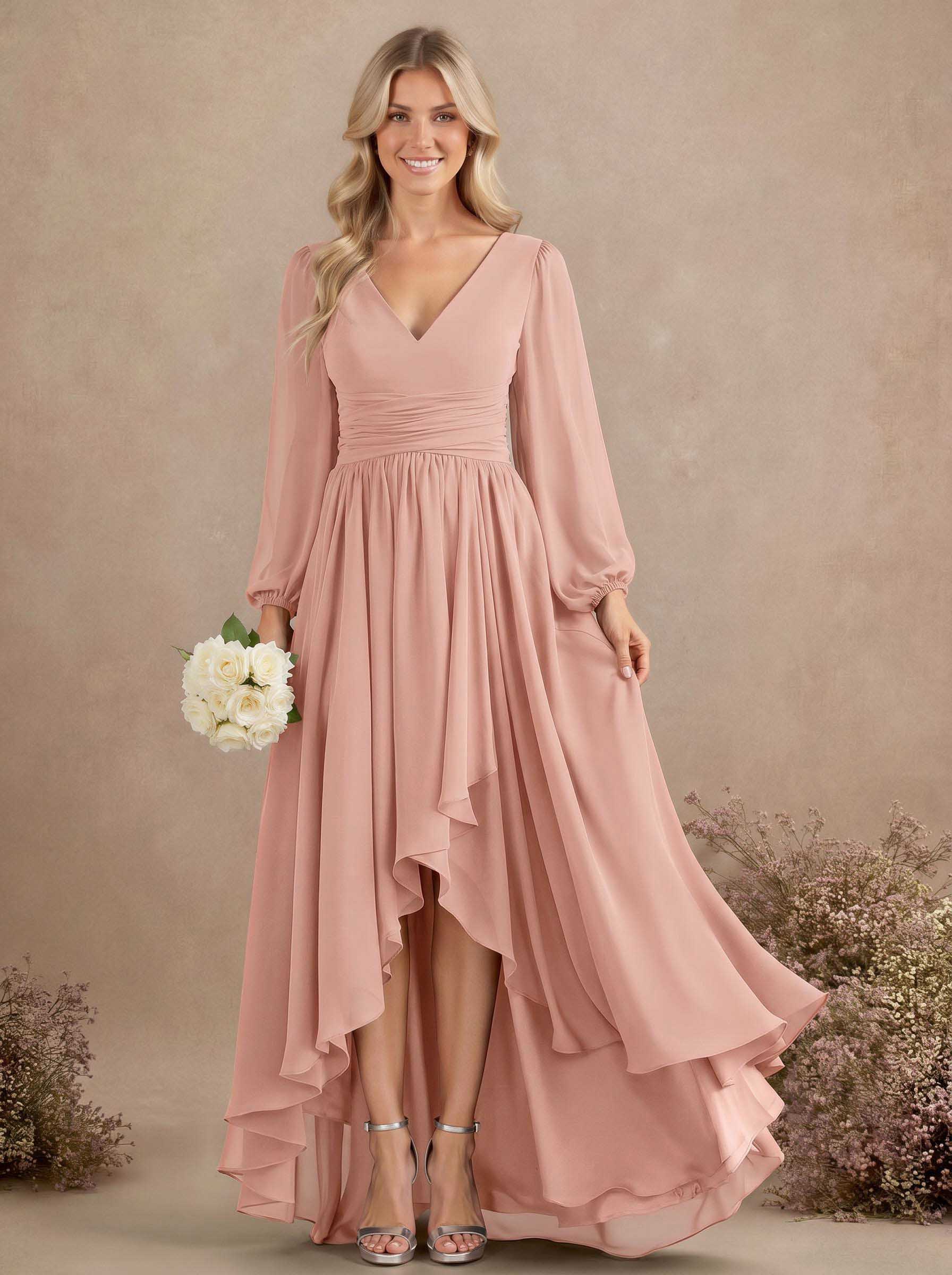 A-Line V-Neck Long Sleeves Floor-Length Chiffon Bridesmaid Dresses With Pleated, product image 21