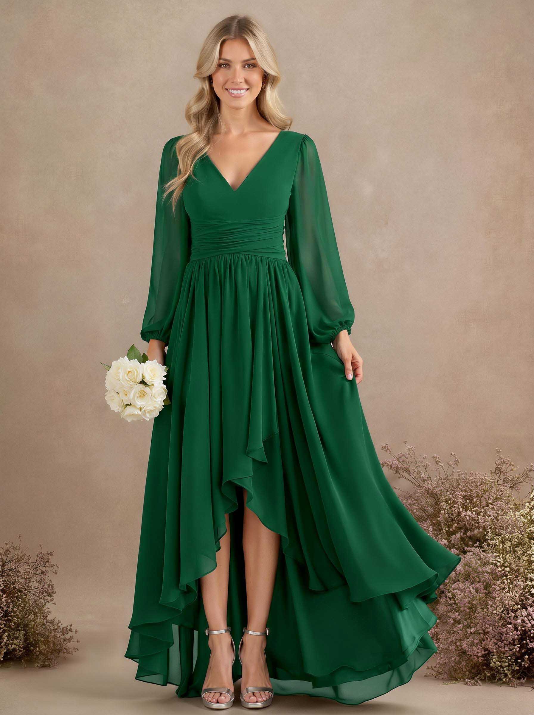 A-Line V-Neck Long Sleeves Floor-Length Chiffon Bridesmaid Dresses With Pleated, product image 66