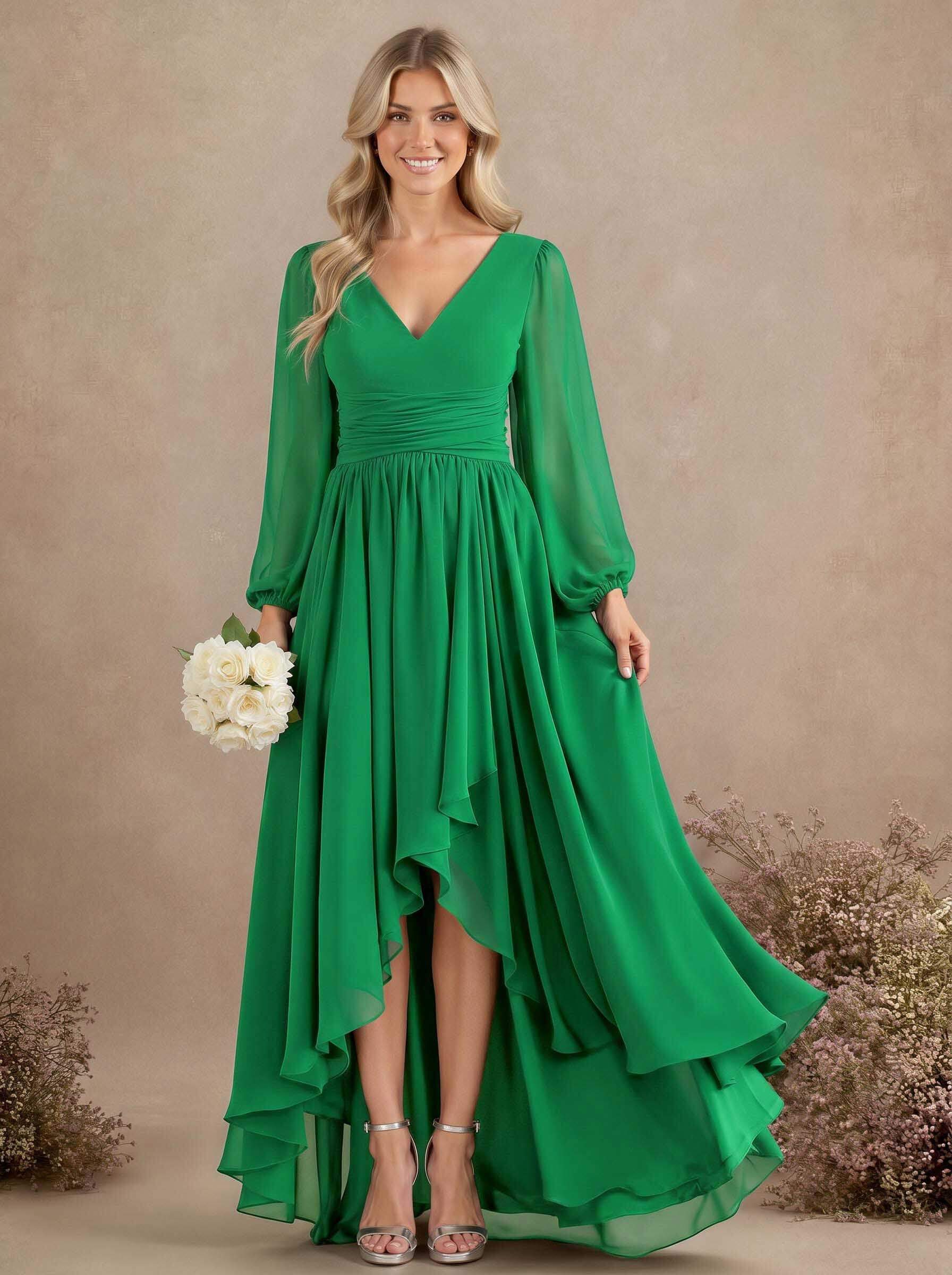 A-Line V-Neck Long Sleeves Floor-Length Chiffon Bridesmaid Dresses With Pleated, product image 65