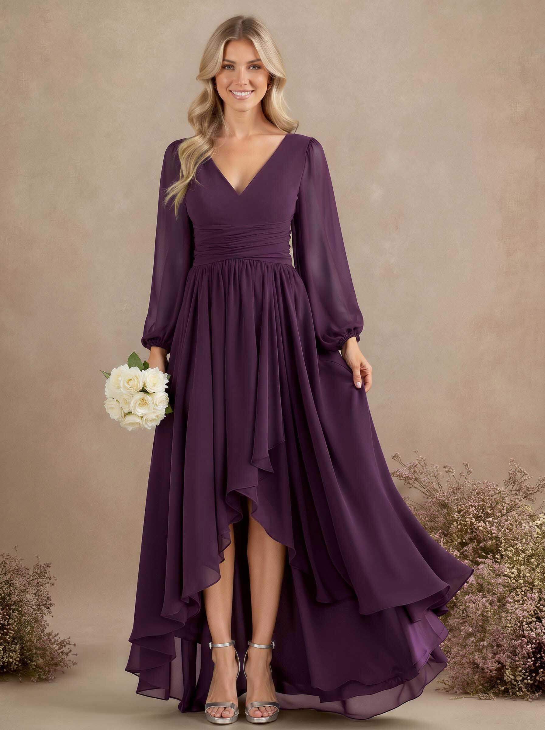 A-Line V-Neck Long Sleeves Floor-Length Chiffon Bridesmaid Dresses With Pleated, product image 36