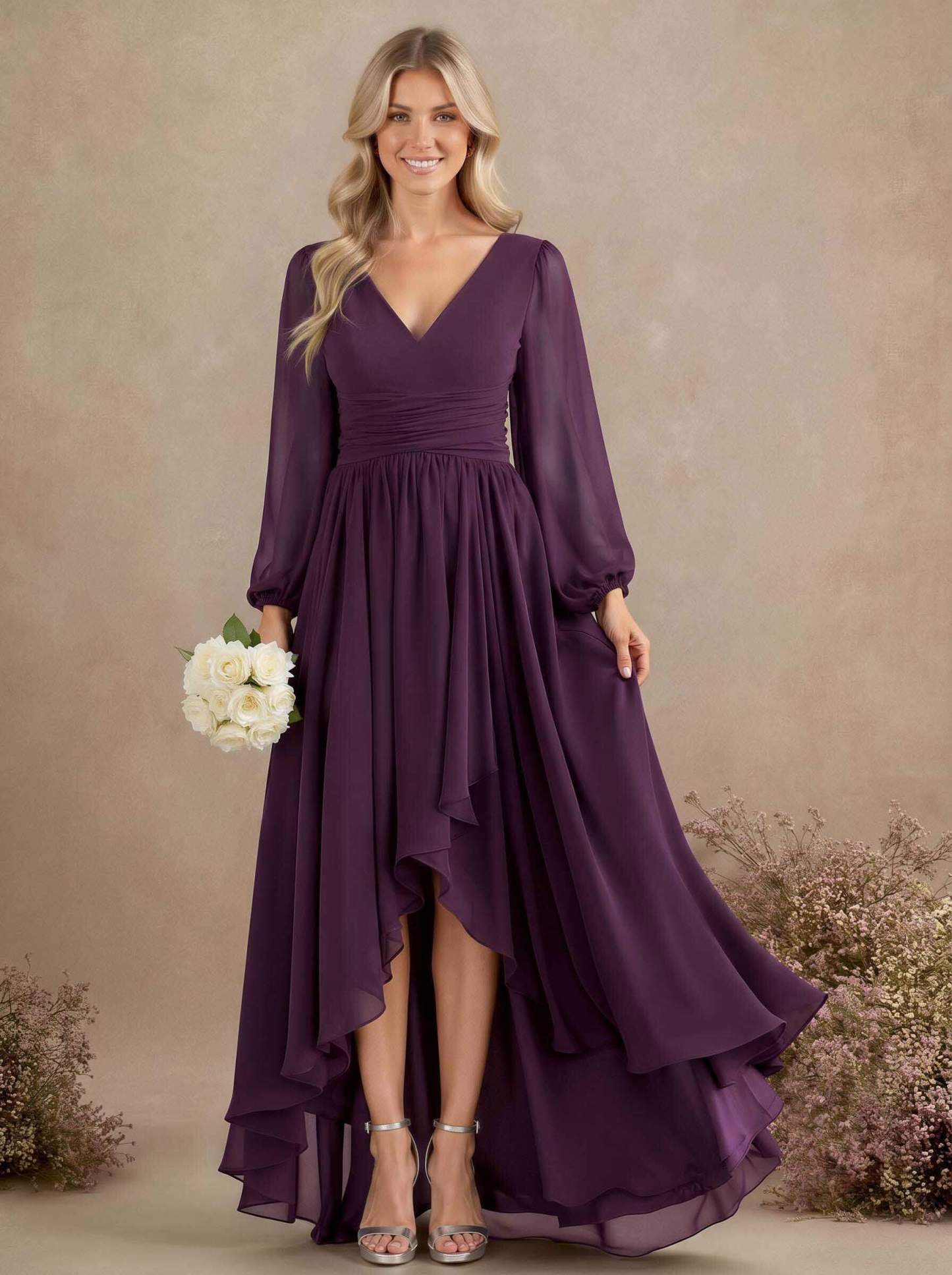 A-Line V-Neck Long Sleeves Floor-Length Chiffon Bridesmaid Dresses With Pleated, product image 36