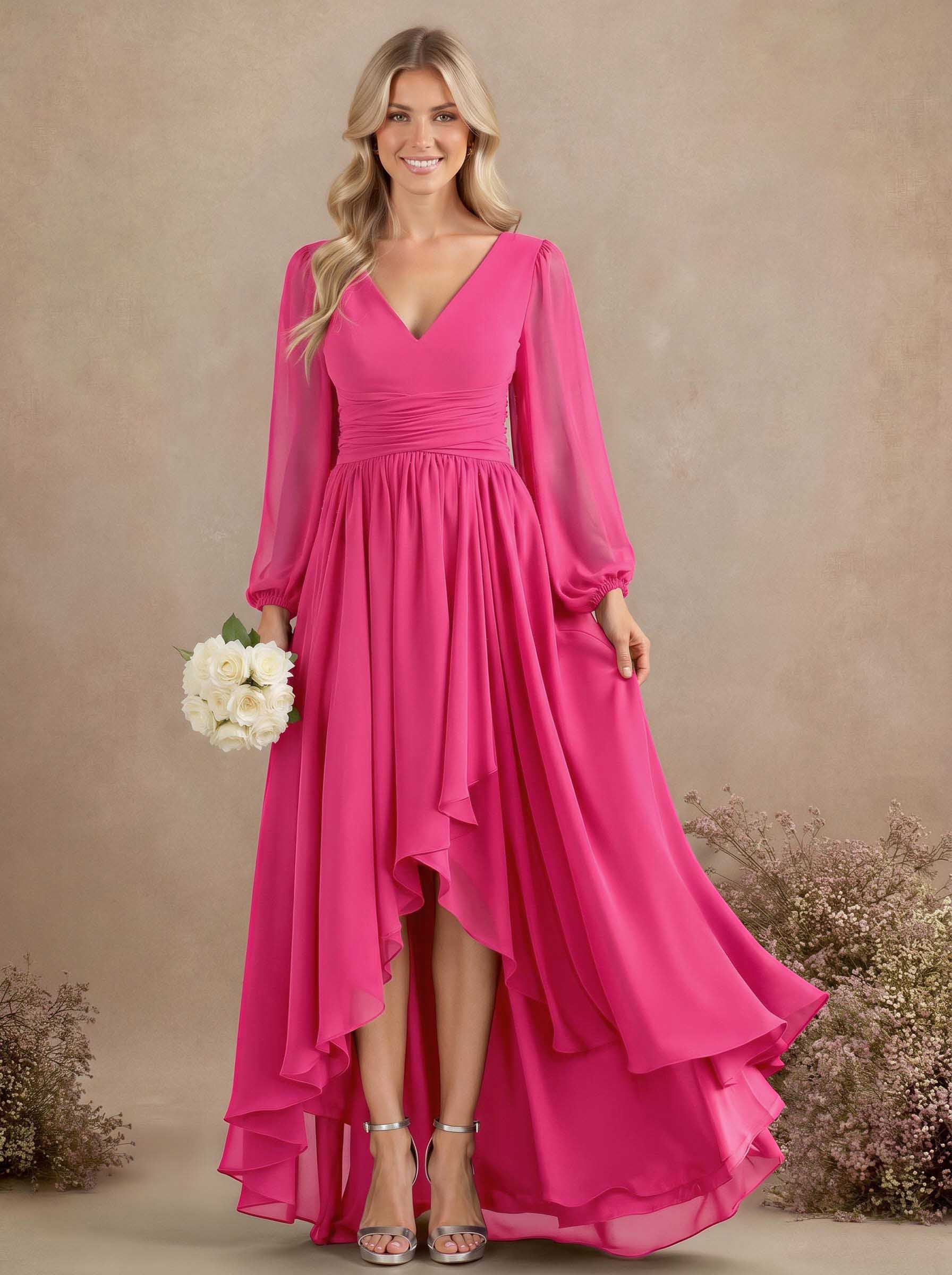 A-Line V-Neck Long Sleeves Floor-Length Chiffon Bridesmaid Dresses With Pleated, product image 38