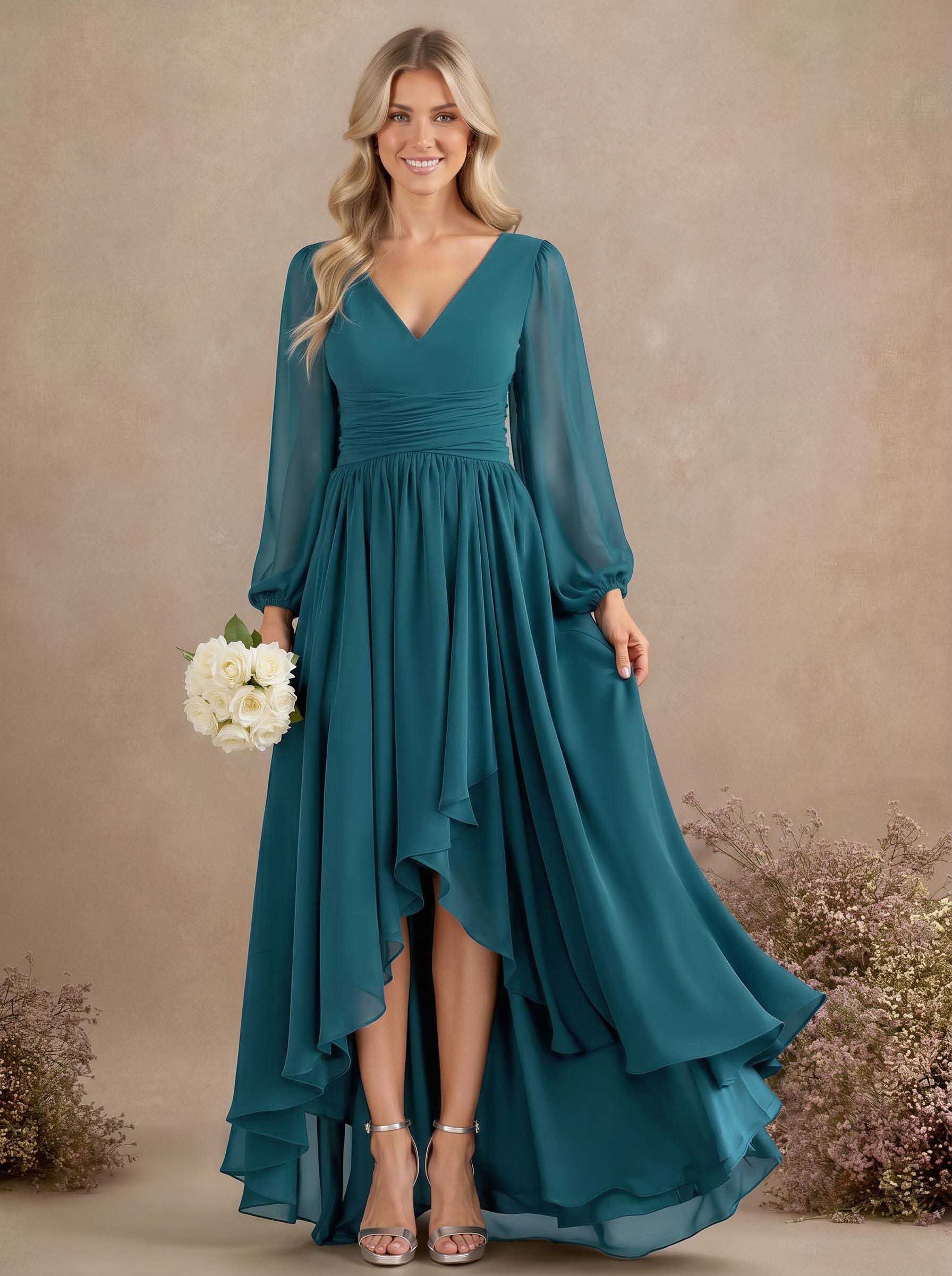 A-Line V-Neck Long Sleeves Floor-Length Chiffon Bridesmaid Dresses With Pleated, product image 8