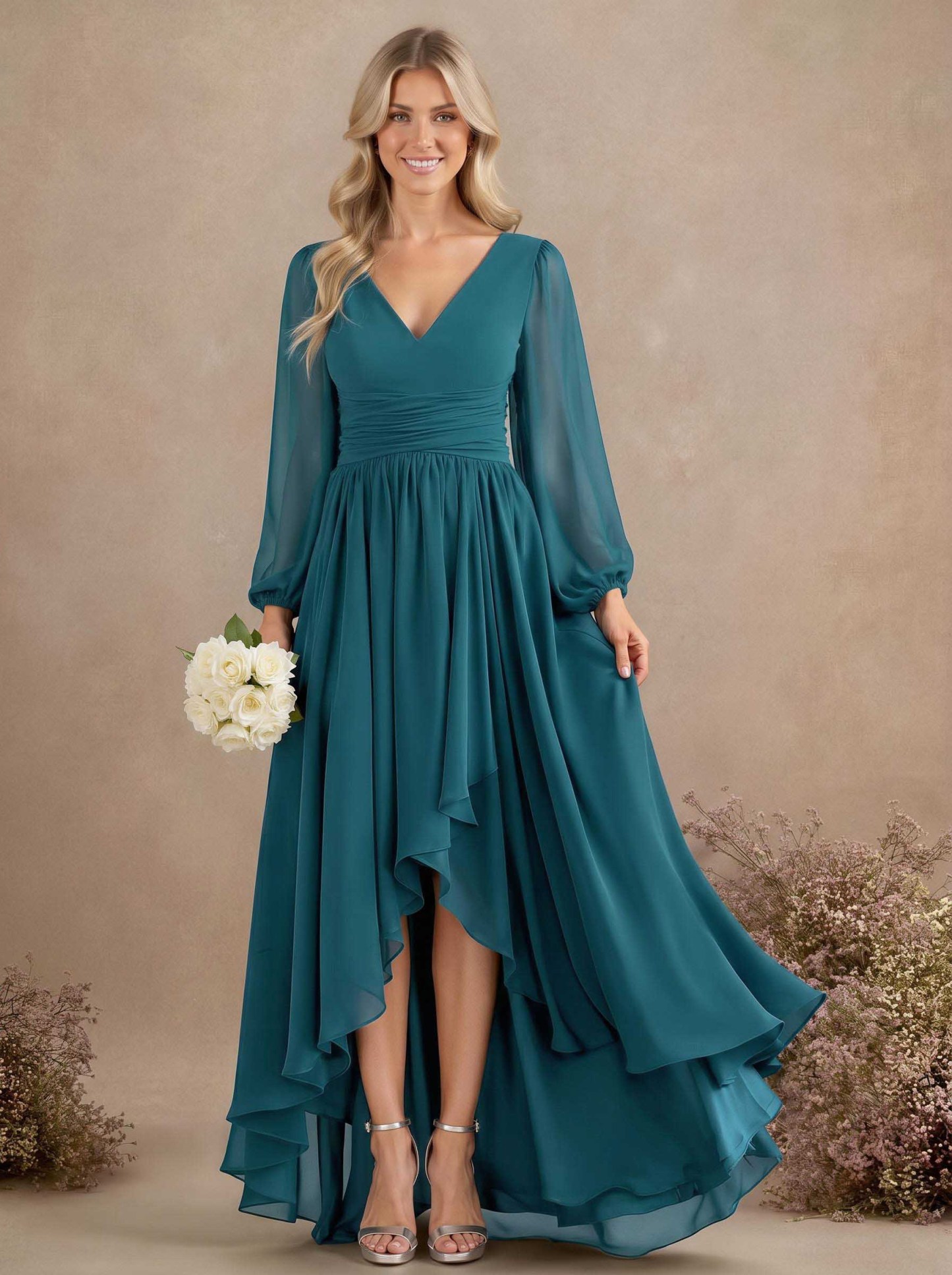 A-Line V-Neck Long Sleeves Floor-Length Chiffon Bridesmaid Dresses With Pleated, product image 8