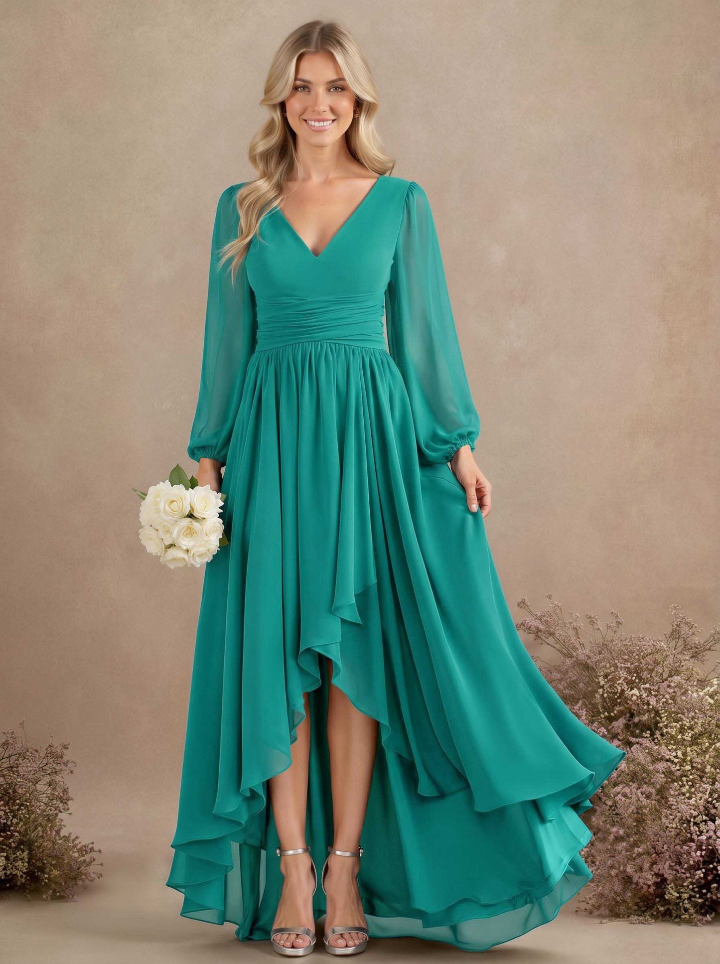A-Line V-Neck Long Sleeves Floor-Length Chiffon Bridesmaid Dresses With Pleated, product image 44