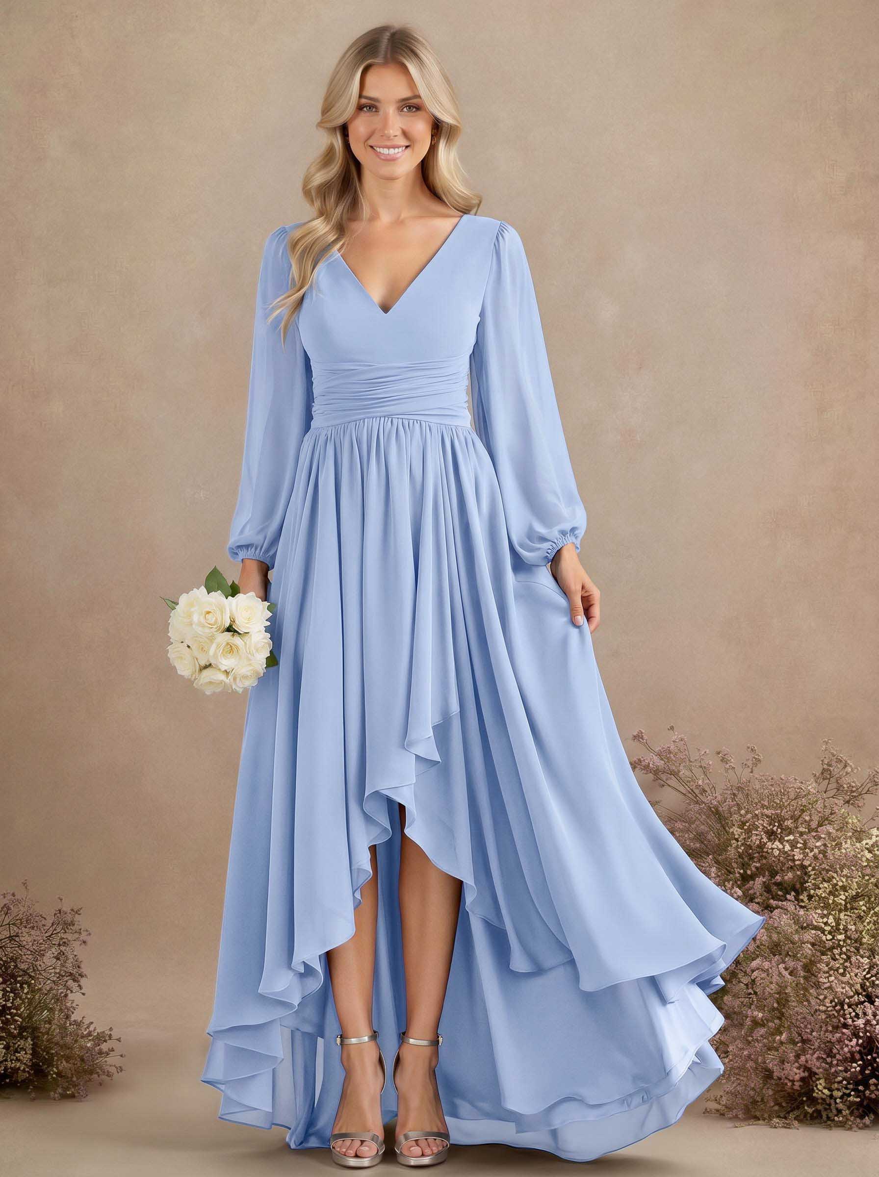 A-Line V-Neck Long Sleeves Floor-Length Chiffon Bridesmaid Dresses With Pleated, product image 33