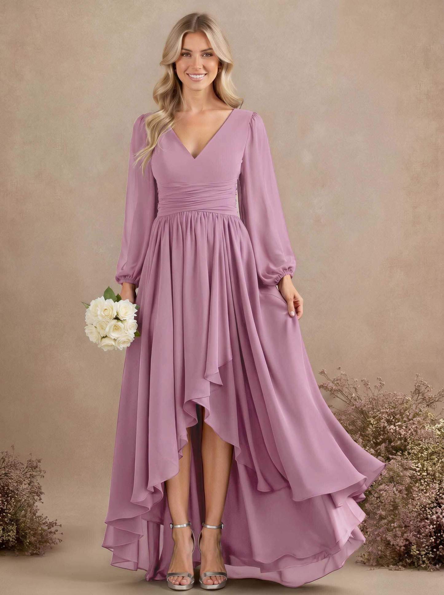A-Line V-Neck Long Sleeves Floor-Length Chiffon Bridesmaid Dresses With Pleated, product image 31