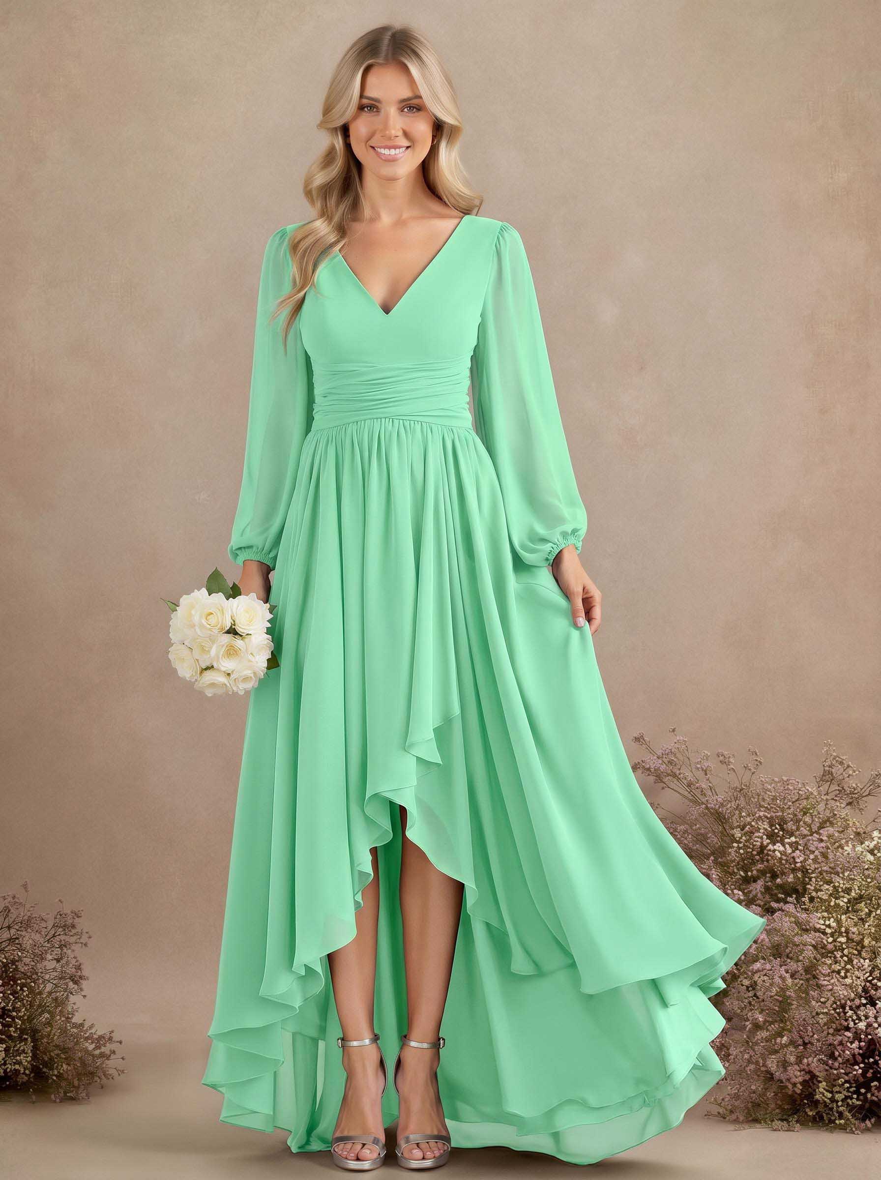 A-Line V-Neck Long Sleeves Floor-Length Chiffon Bridesmaid Dresses With Pleated, product image 47