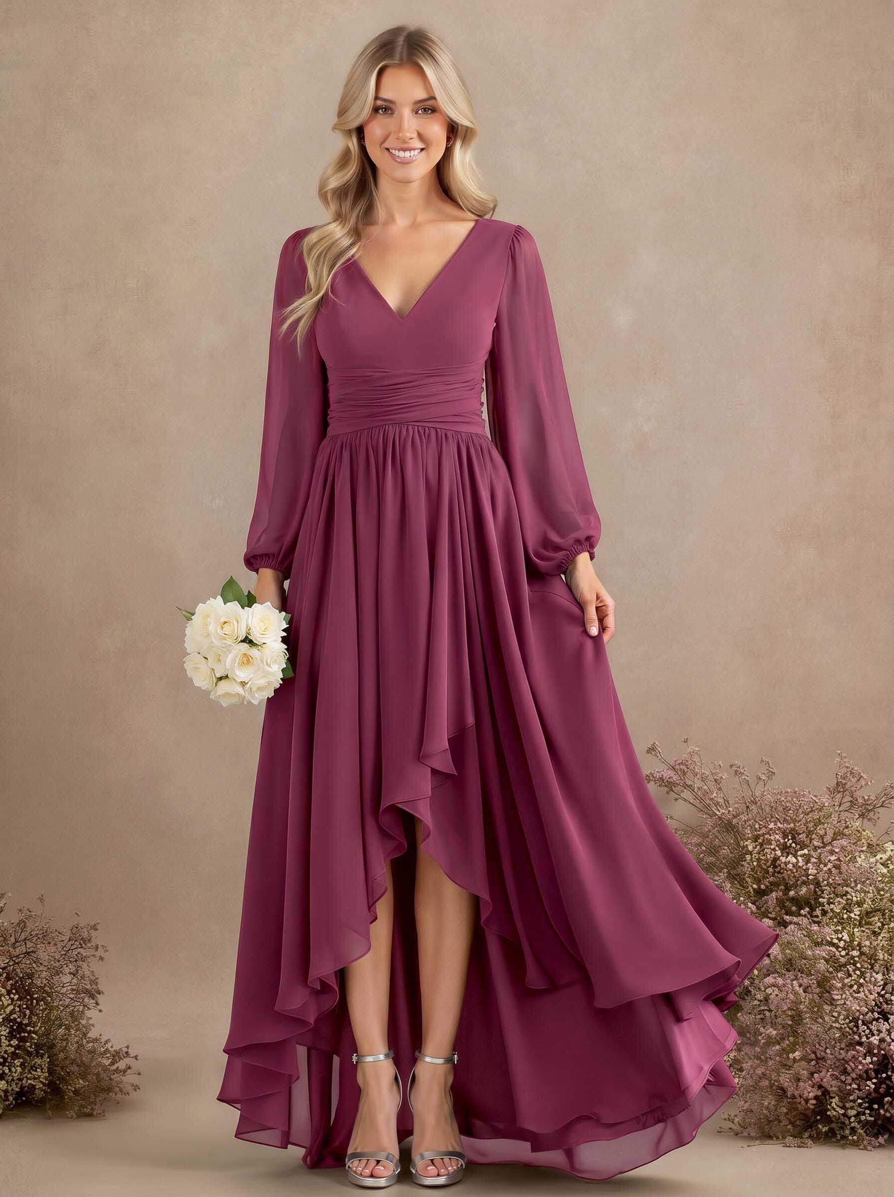 A-Line V-Neck Long Sleeves Floor-Length Chiffon Bridesmaid Dresses With Pleated, product image 17