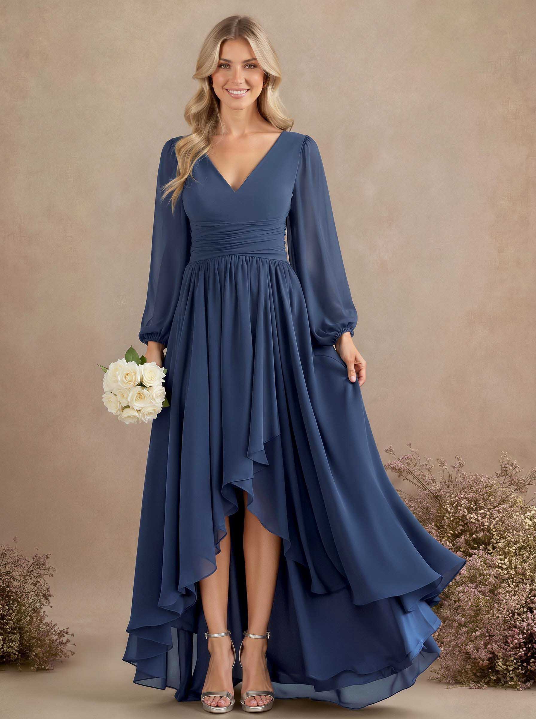 A-Line V-Neck Long Sleeves Floor-Length Chiffon Bridesmaid Dresses With Pleated, product image 4