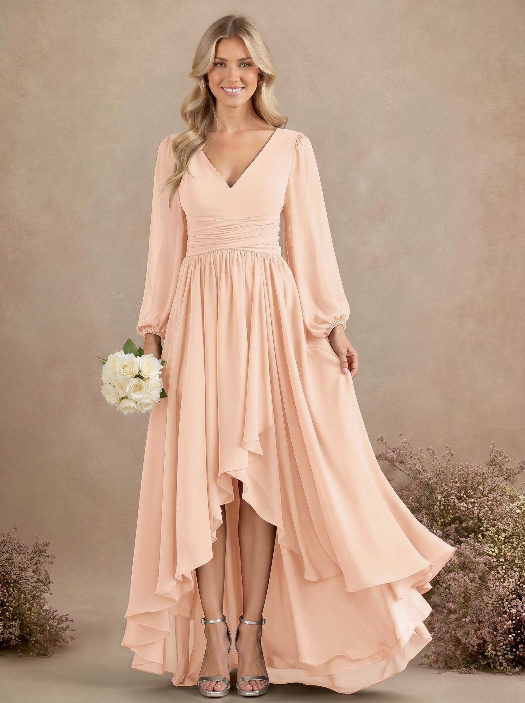 A-Line V-Neck Long Sleeves Floor-Length Chiffon Bridesmaid Dresses With Pleated, product image 22