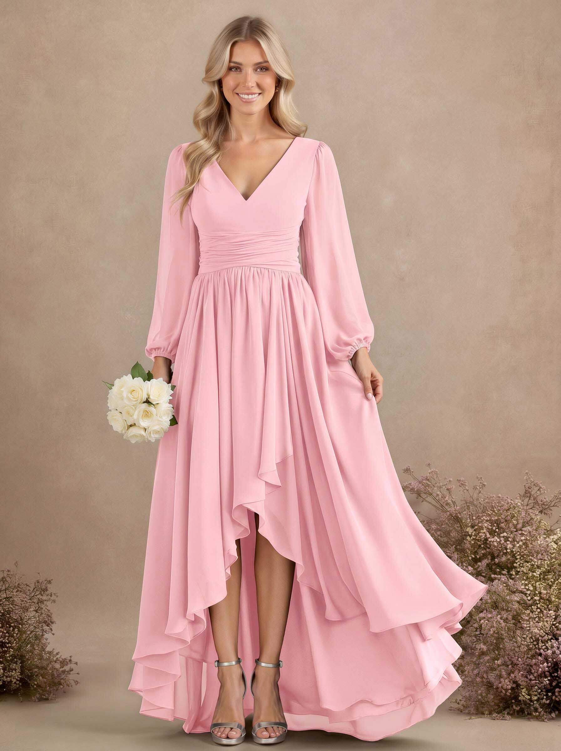 A-Line V-Neck Long Sleeves Floor-Length Chiffon Bridesmaid Dresses With Pleated, product image 24