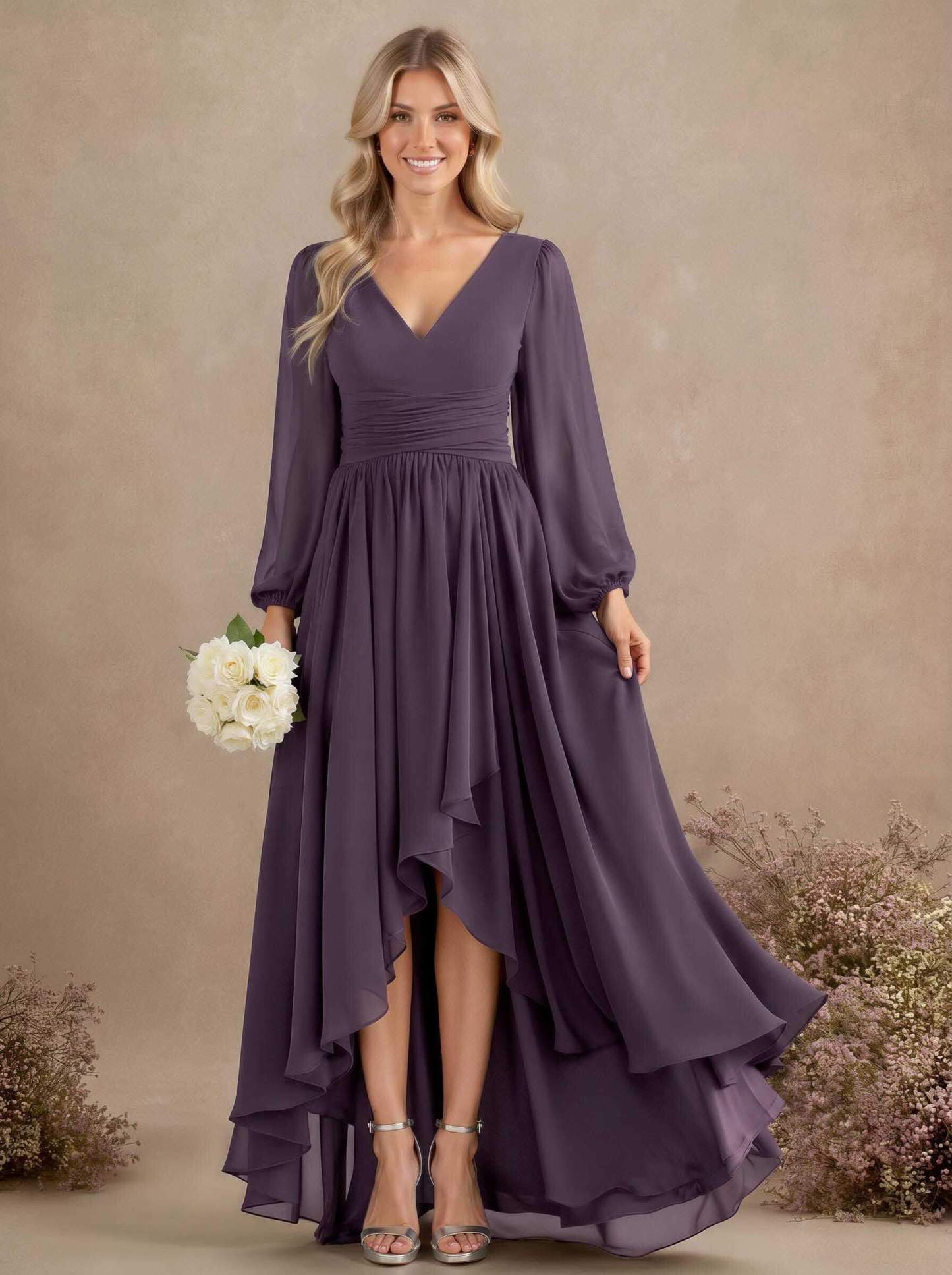 A-Line V-Neck Long Sleeves Floor-Length Chiffon Bridesmaid Dresses With Pleated, product image 35