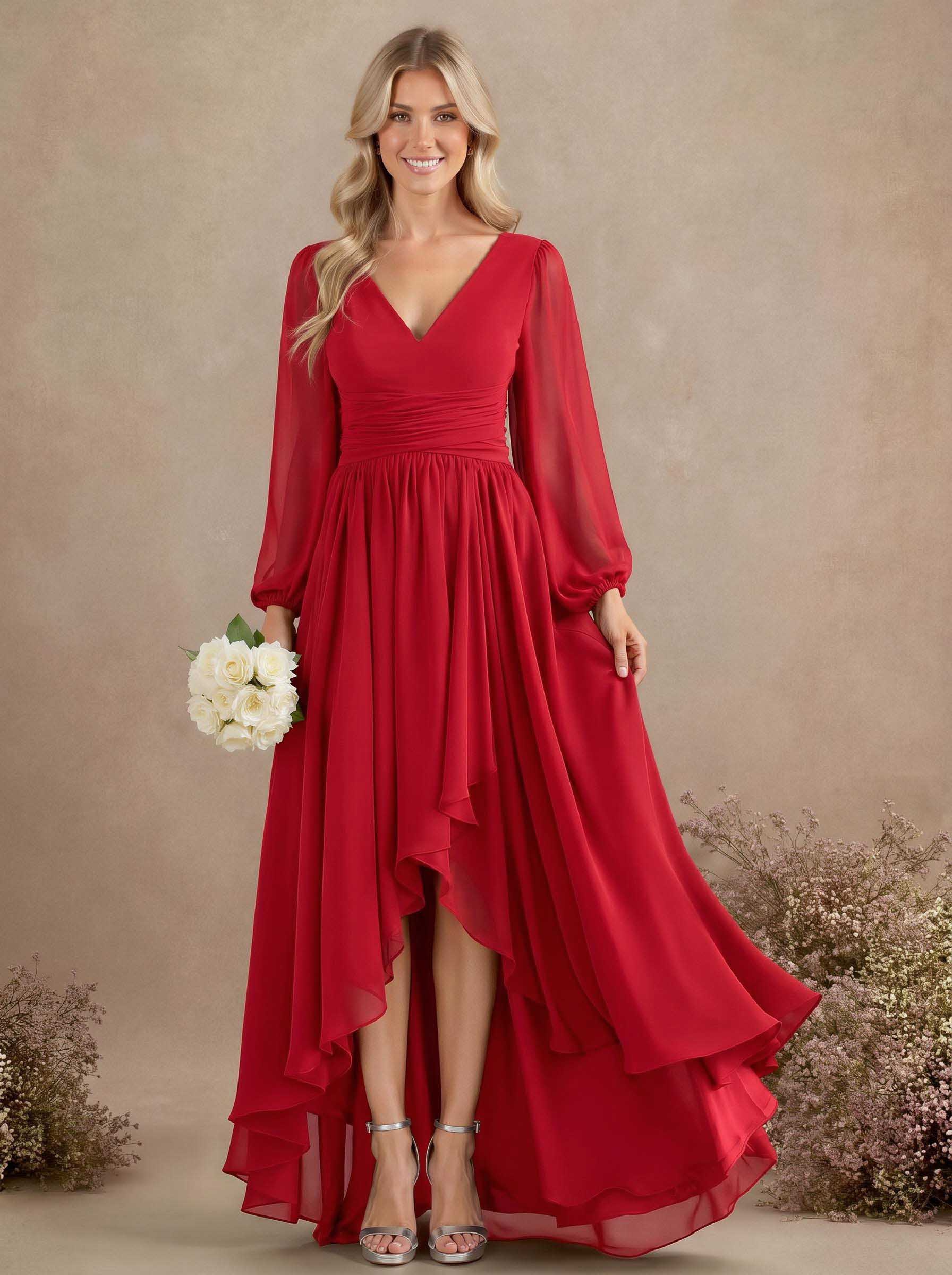 A-Line V-Neck Long Sleeves Floor-Length Chiffon Bridesmaid Dresses With Pleated, product image 18