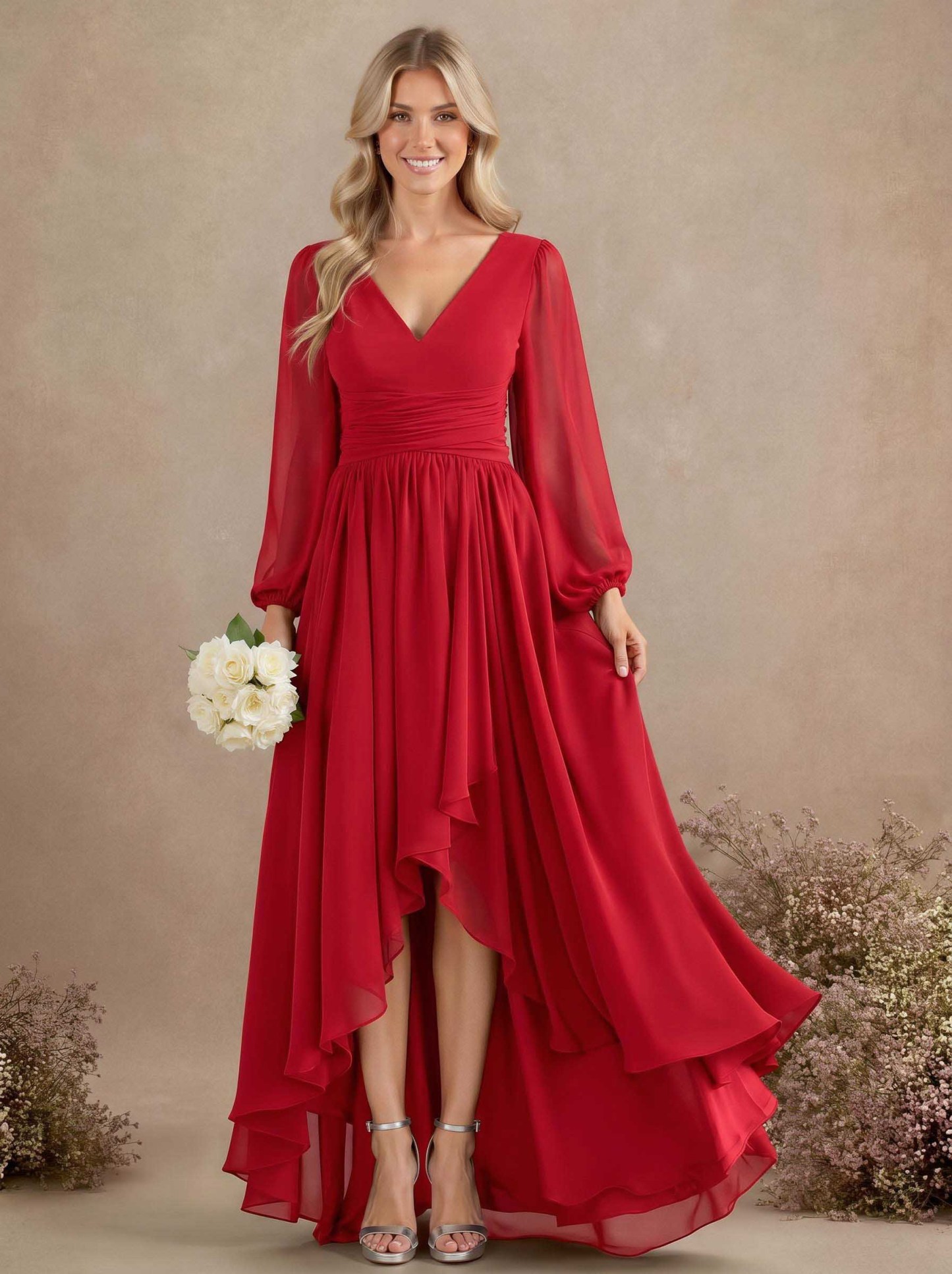 A-Line V-Neck Long Sleeves Floor-Length Chiffon Bridesmaid Dresses With Pleated, product image 18
