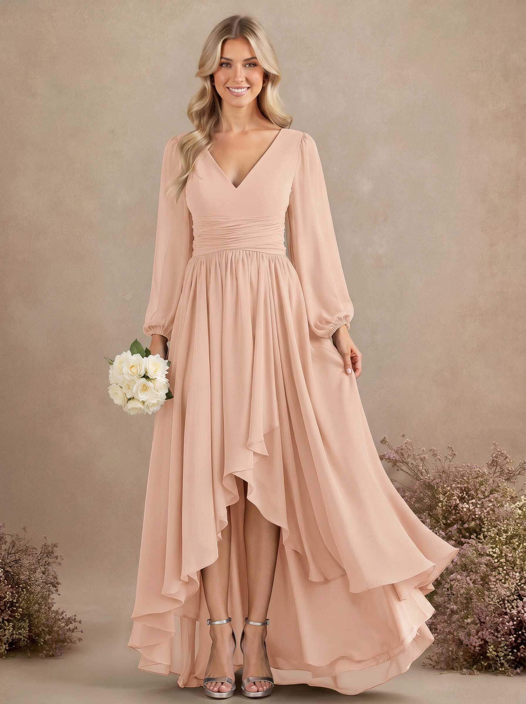 A-Line V-Neck Long Sleeves Floor-Length Chiffon Bridesmaid Dresses With Pleated, product image 64