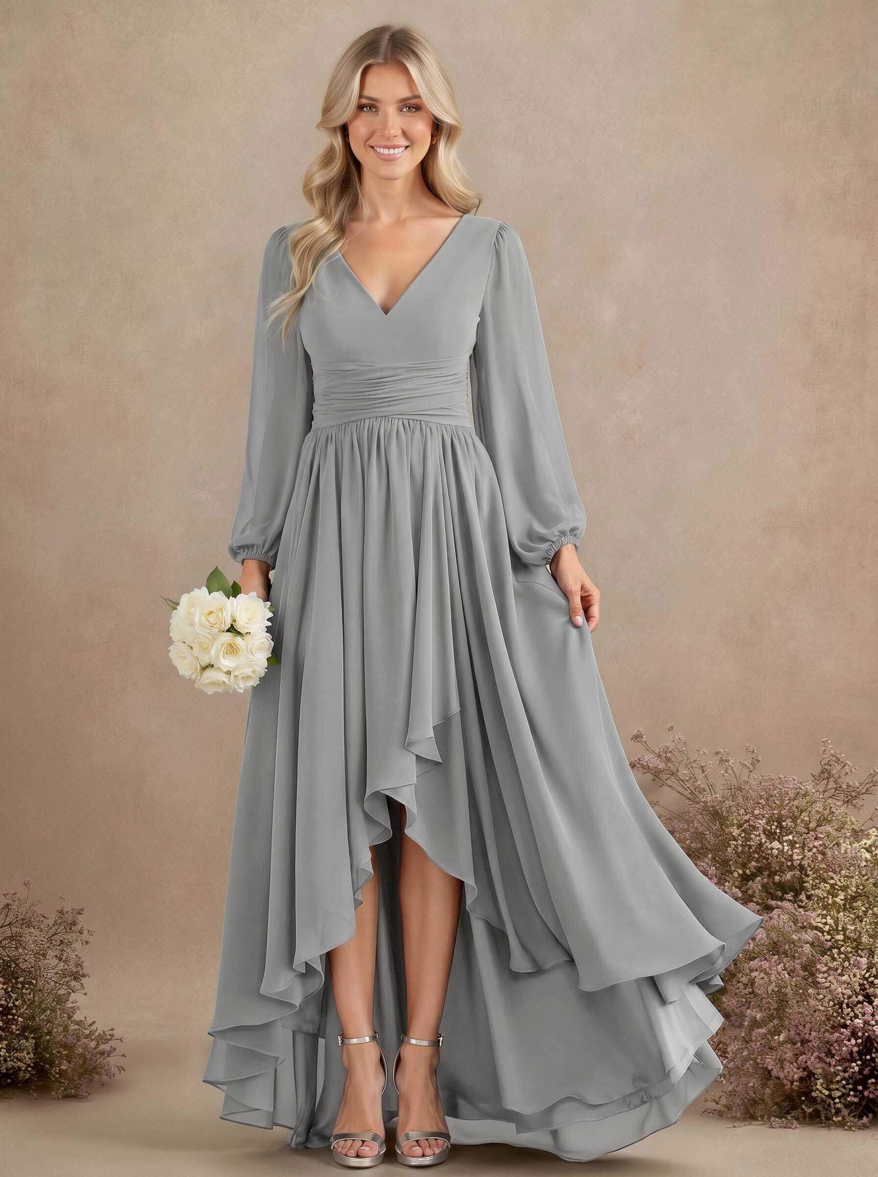 A-Line V-Neck Long Sleeves Floor-Length Chiffon Bridesmaid Dresses With Pleated, product image 58