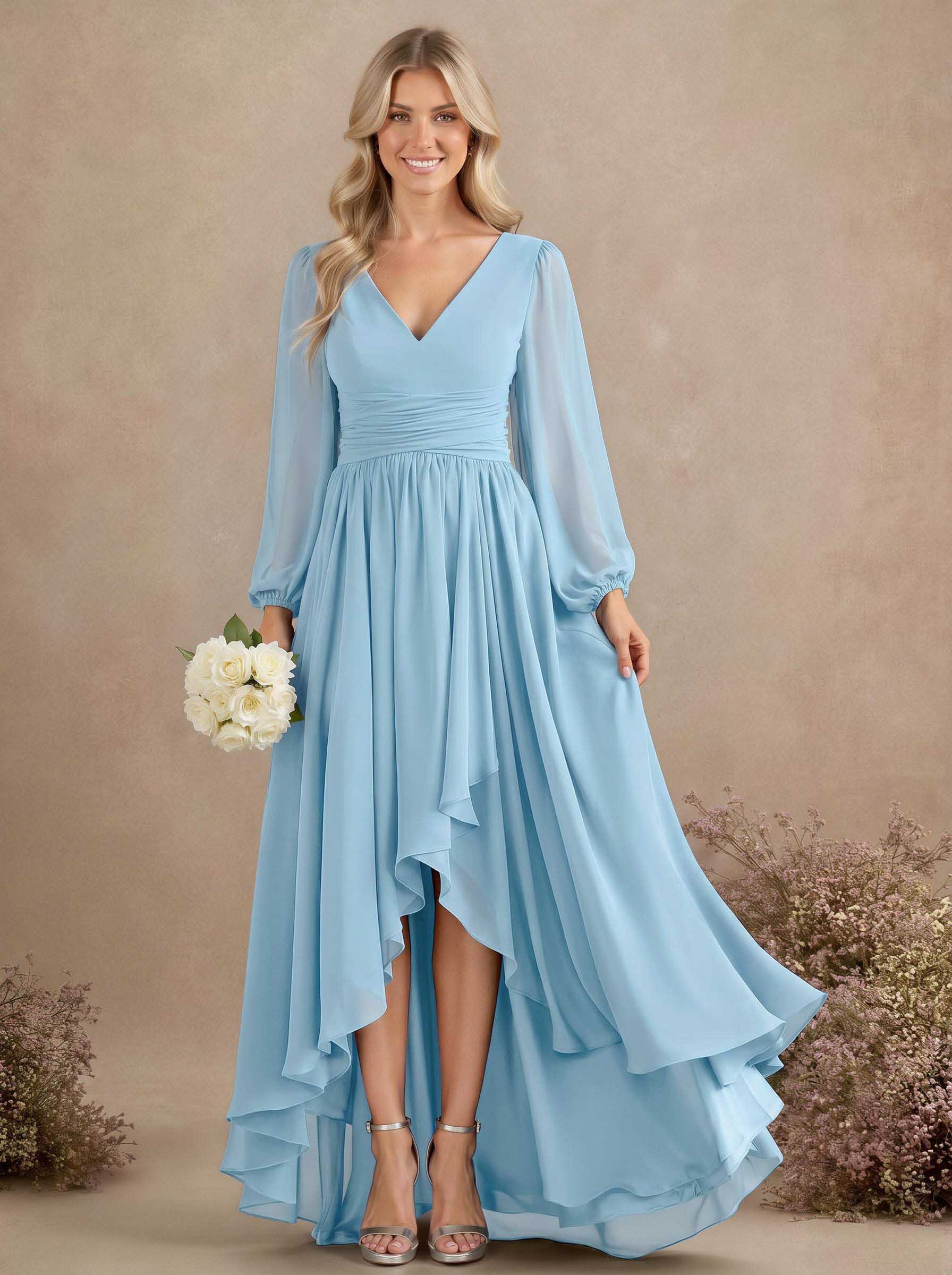 A-Line V-Neck Long Sleeves Floor-Length Chiffon Bridesmaid Dresses With Pleated, product image 12