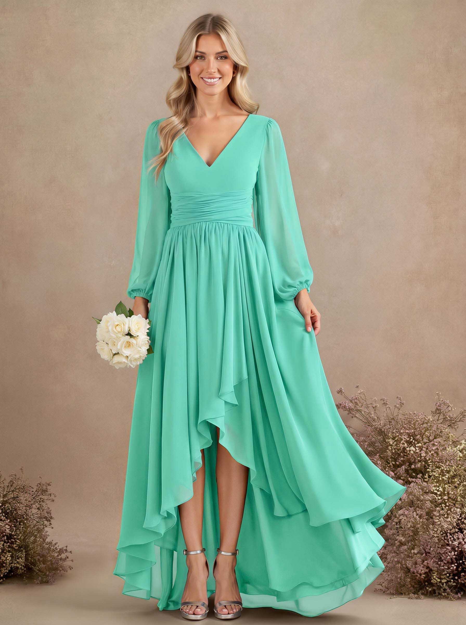 A-Line V-Neck Long Sleeves Floor-Length Chiffon Bridesmaid Dresses With Pleated, product image 48