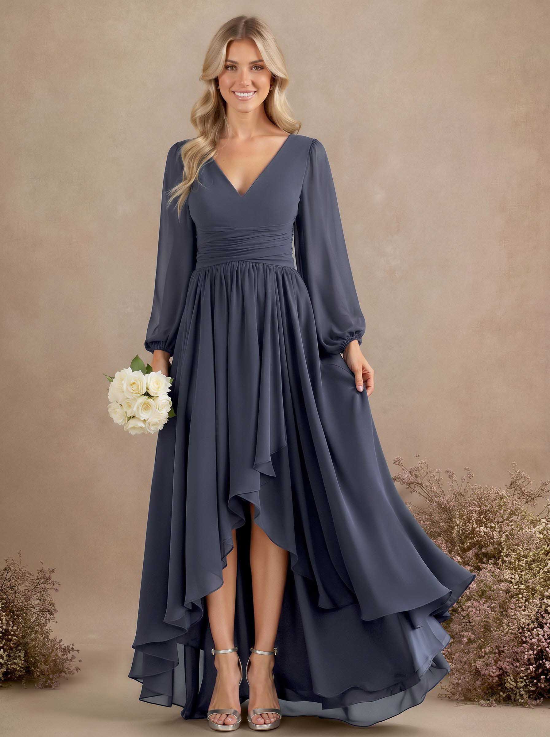 A-Line V-Neck Long Sleeves Floor-Length Chiffon Bridesmaid Dresses With Pleated, product image 7