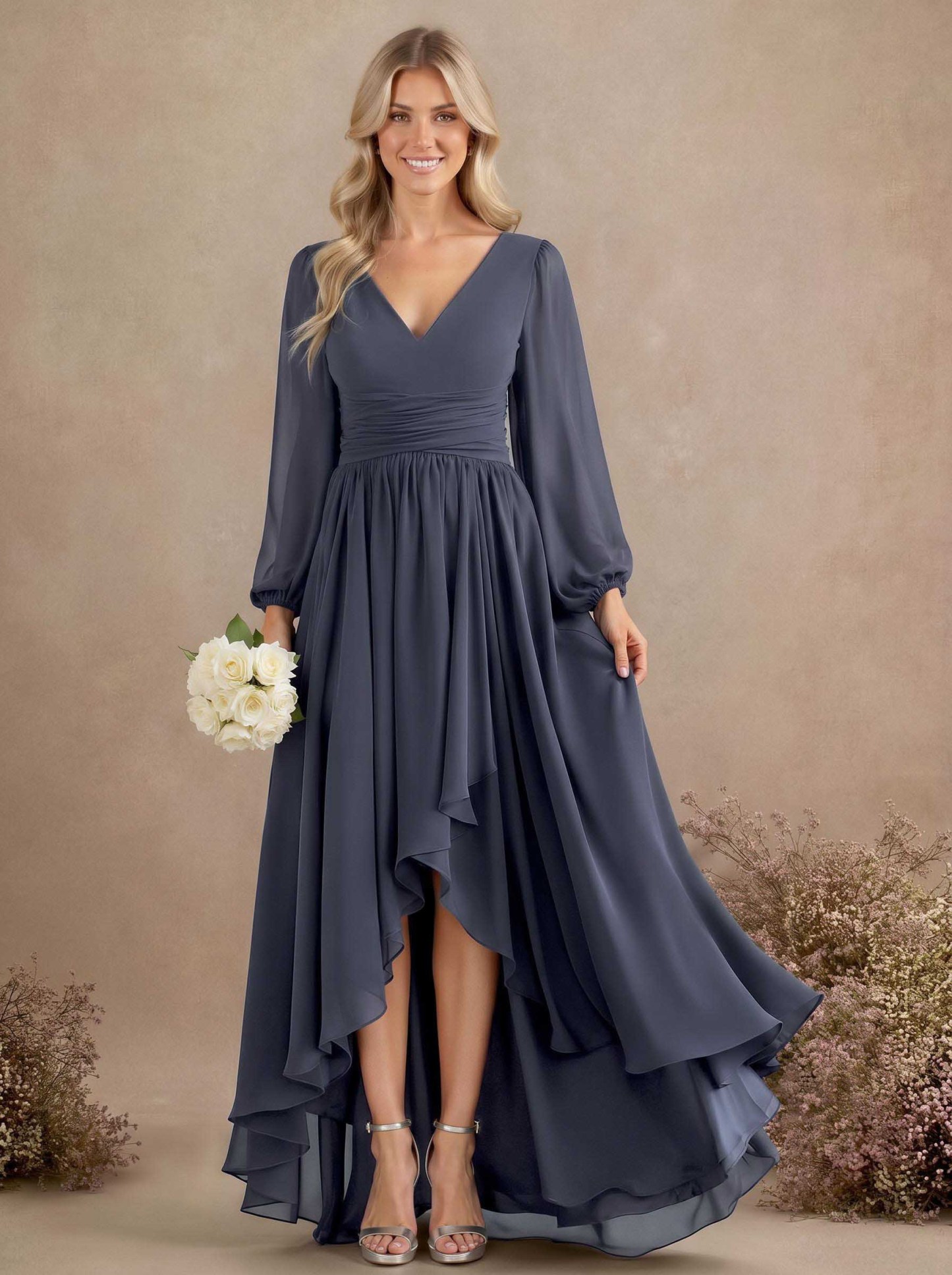 A-Line V-Neck Long Sleeves Floor-Length Chiffon Bridesmaid Dresses With Pleated, product image 7
