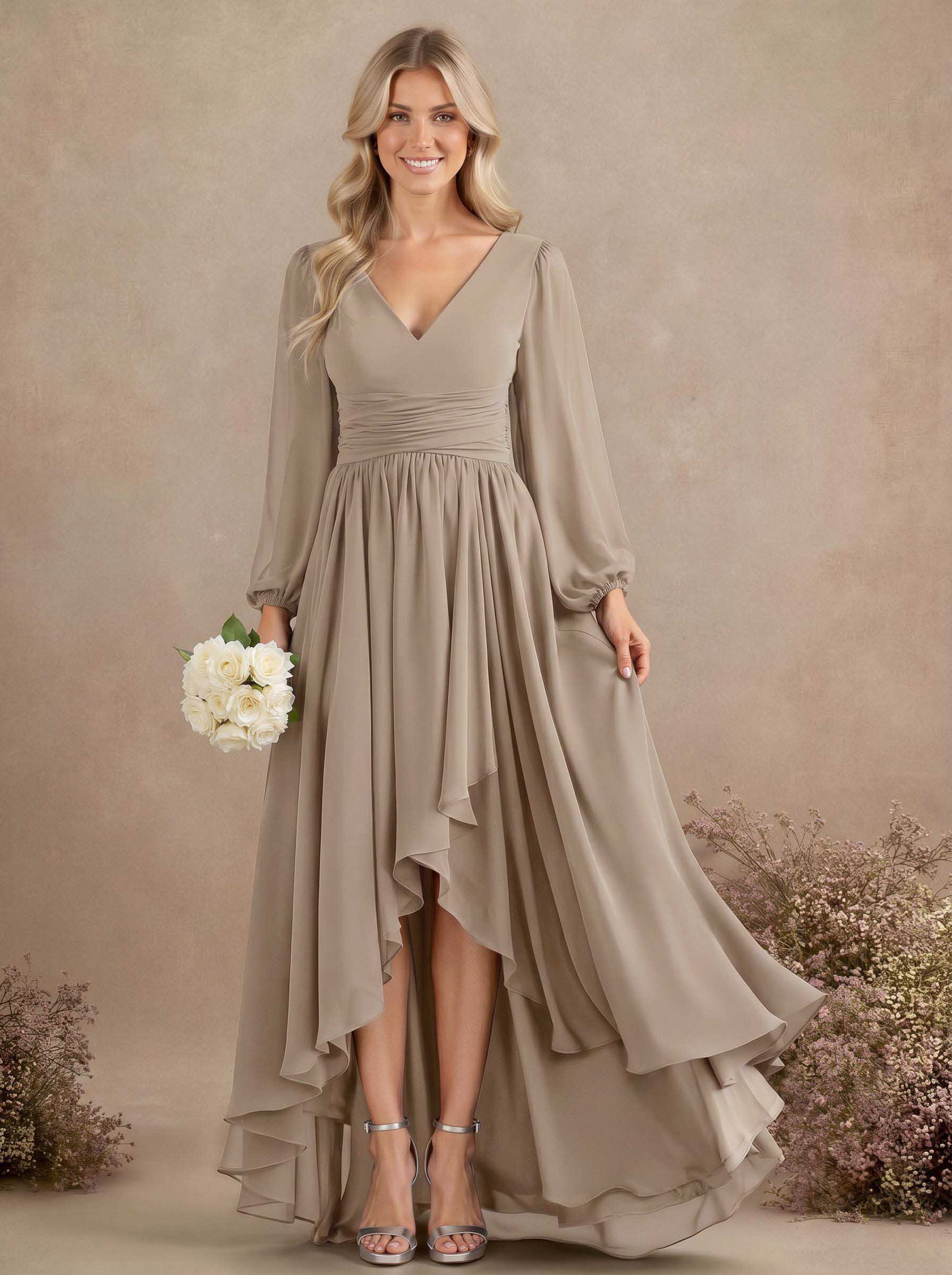 A-Line V-Neck Long Sleeves Floor-Length Chiffon Bridesmaid Dresses With Pleated, product image 50