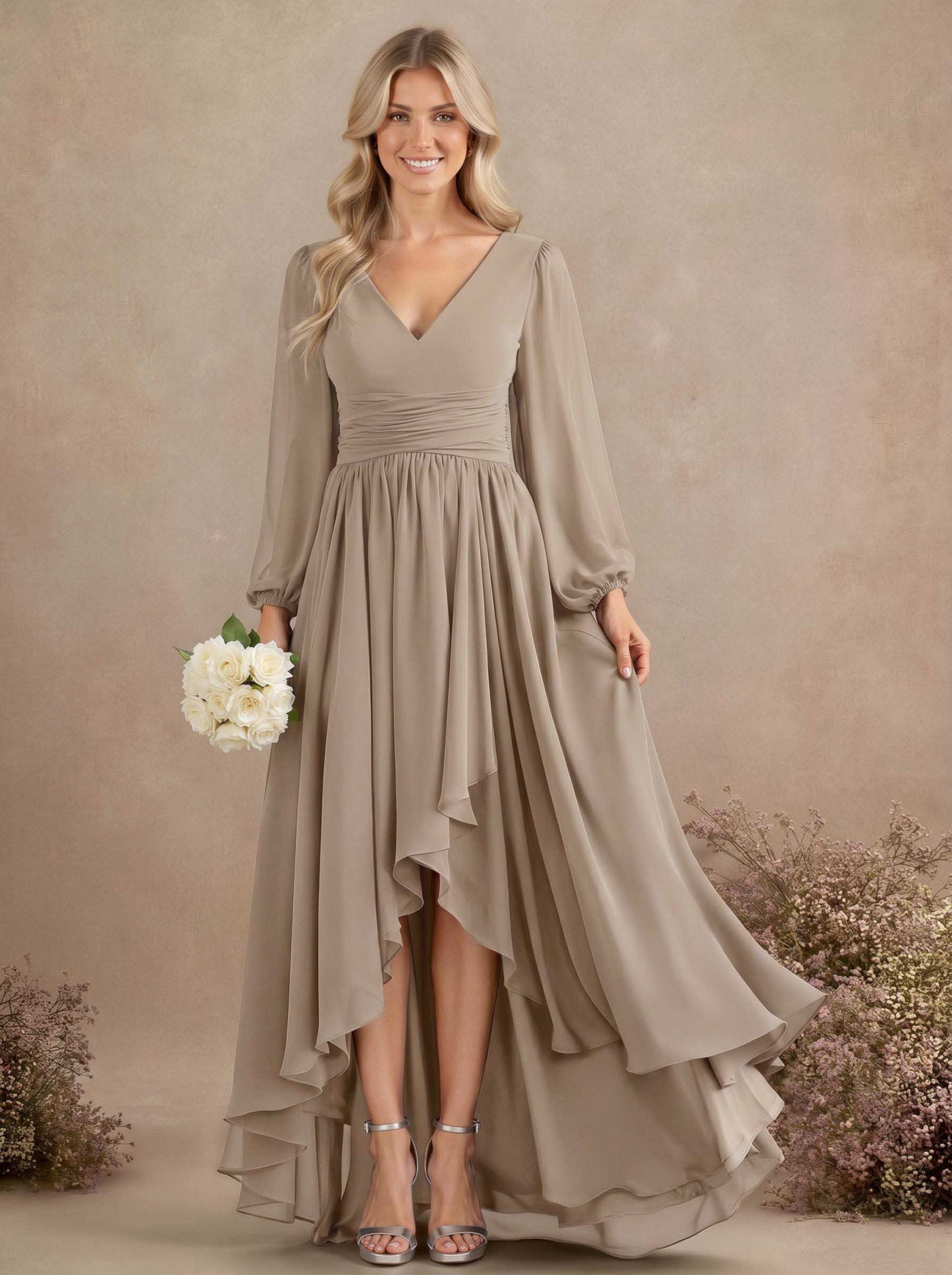 A-Line V-Neck Long Sleeves Floor-Length Chiffon Bridesmaid Dresses With Pleated, product image 50