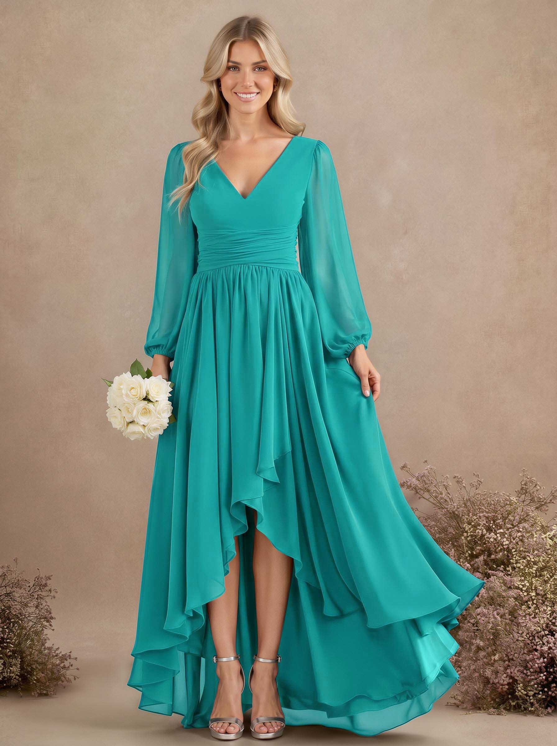 A-Line V-Neck Long Sleeves Floor-Length Chiffon Bridesmaid Dresses With Pleated, product image 69