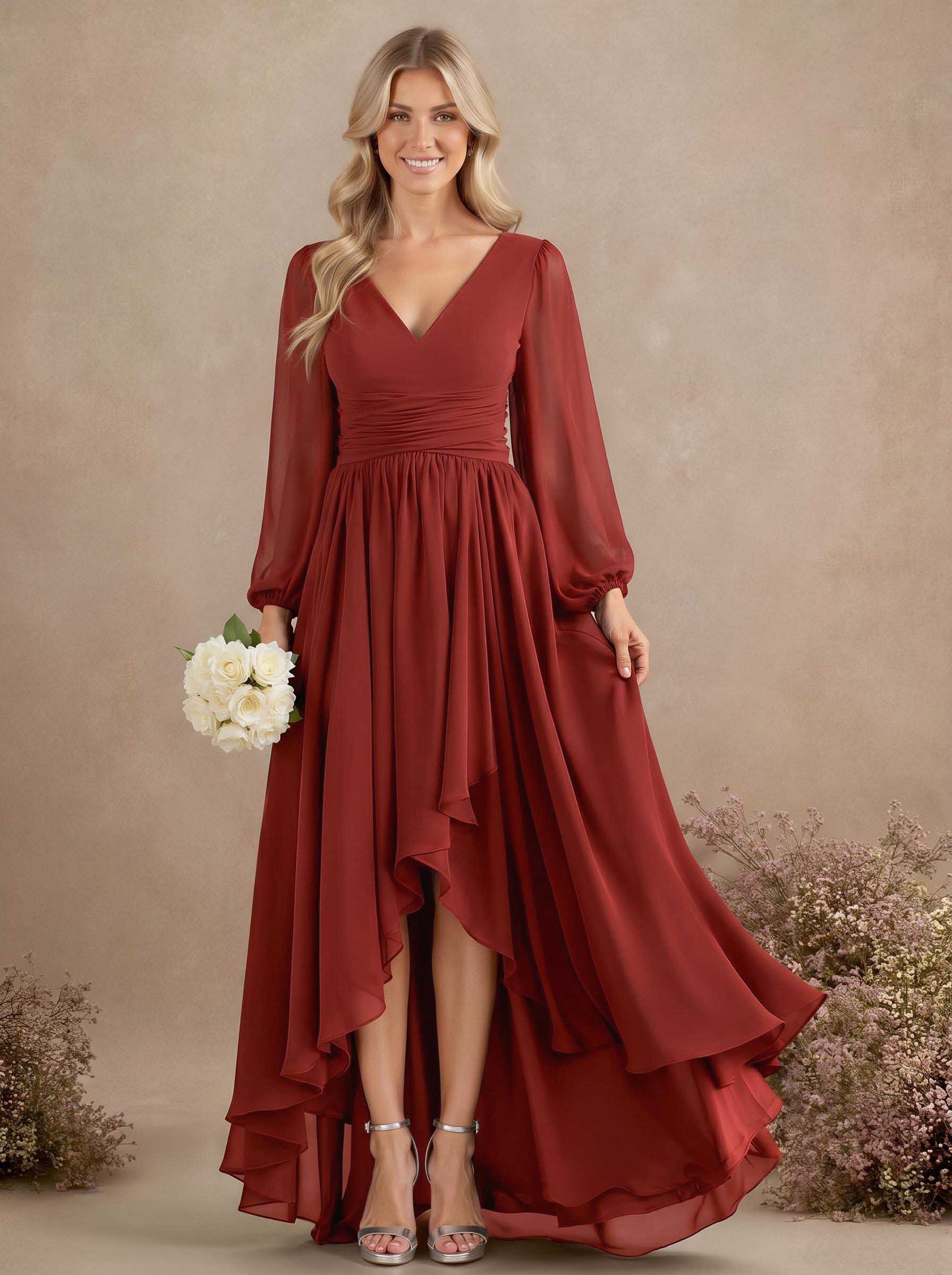 A-Line V-Neck Long Sleeves Floor-Length Chiffon Bridesmaid Dresses With Pleated, product image 19