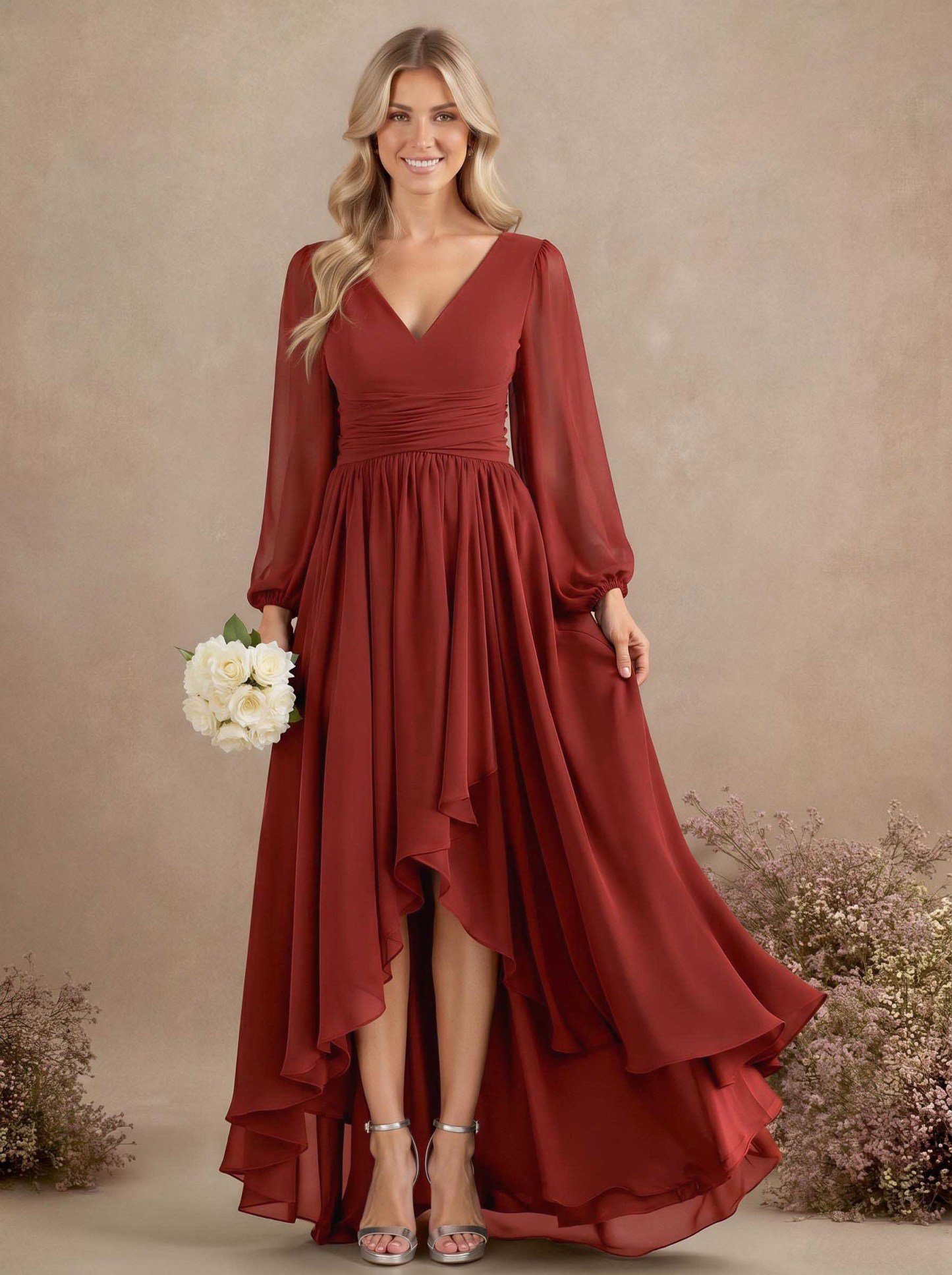 A-Line V-Neck Long Sleeves Floor-Length Chiffon Bridesmaid Dresses With Pleated, product image 19