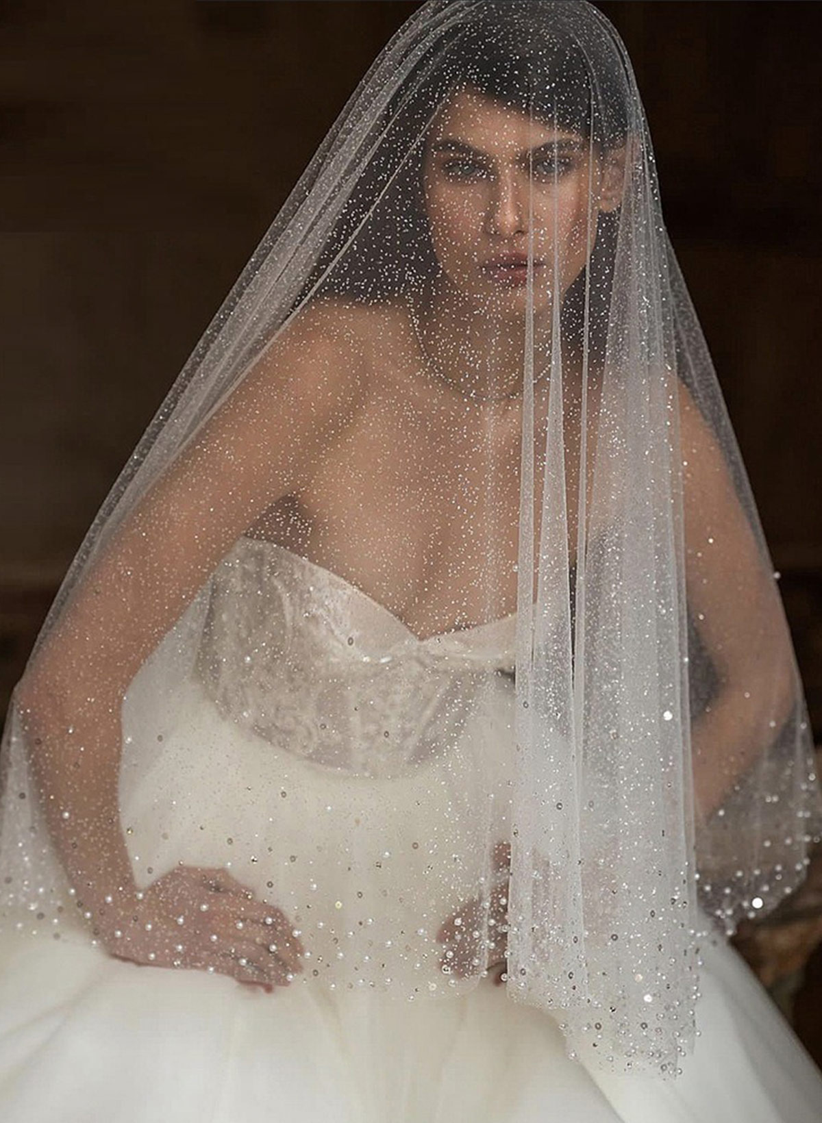 Cut Edge Sequin/Pearl One-Tier Tulle Elbow Bridal Veils