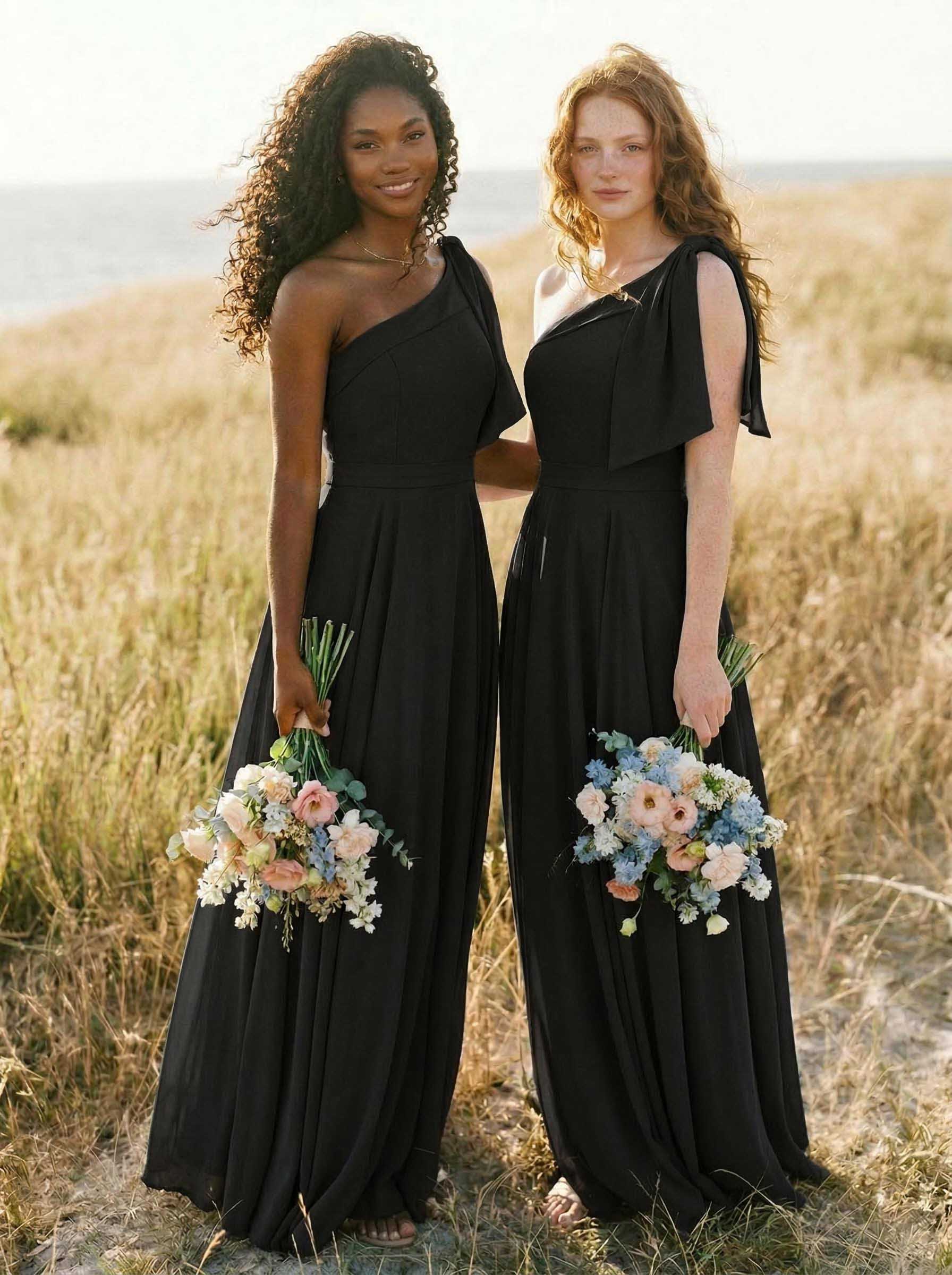 A-Line One-Shoulder Sleeveless Floor-Length Chiffon Bridesmaid Dresses With Bow(s)/Pockets, product image 120