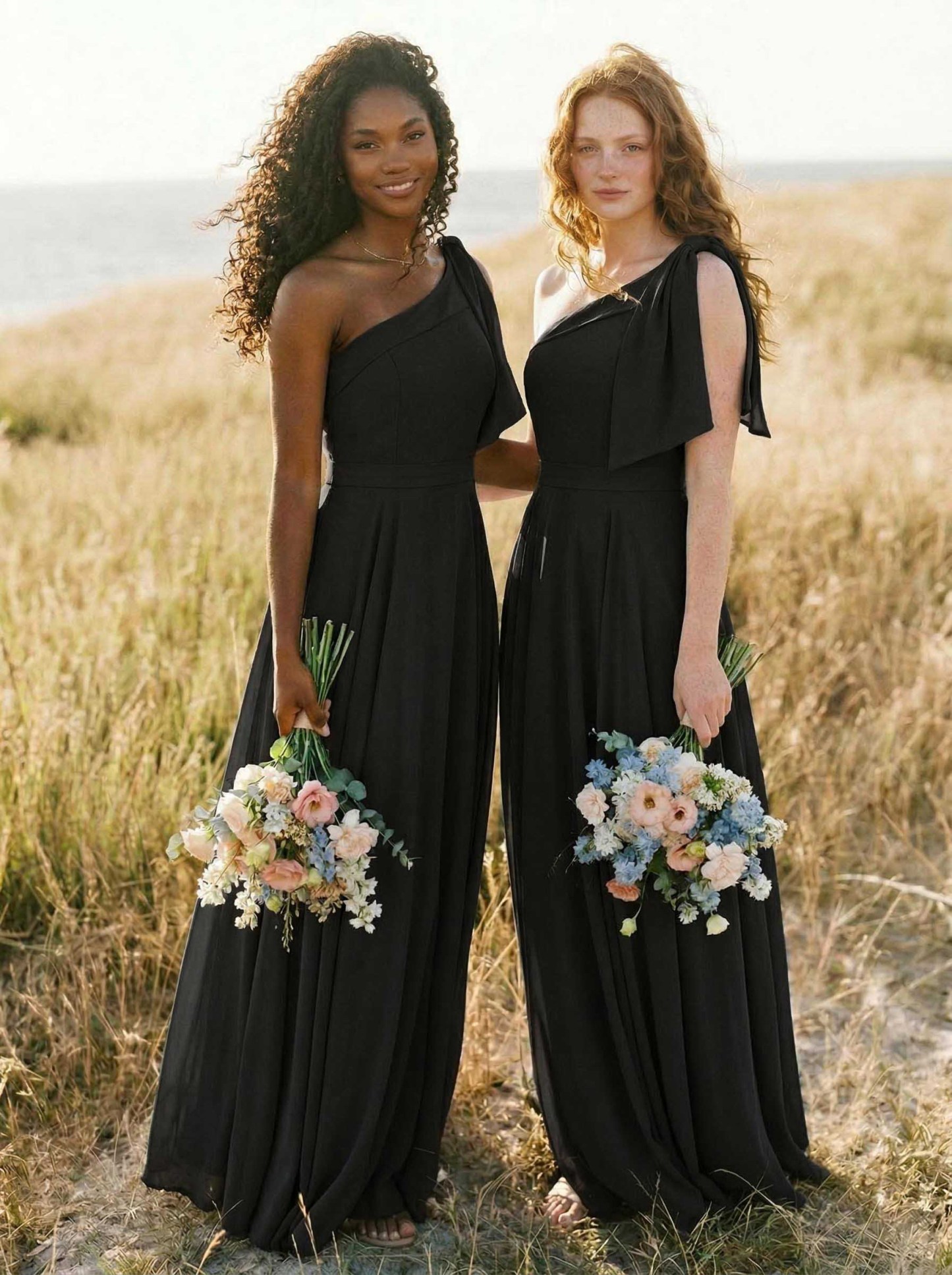 A-Line One-Shoulder Sleeveless Floor-Length Chiffon Bridesmaid Dresses With Bow(s)/Pockets, product image 120