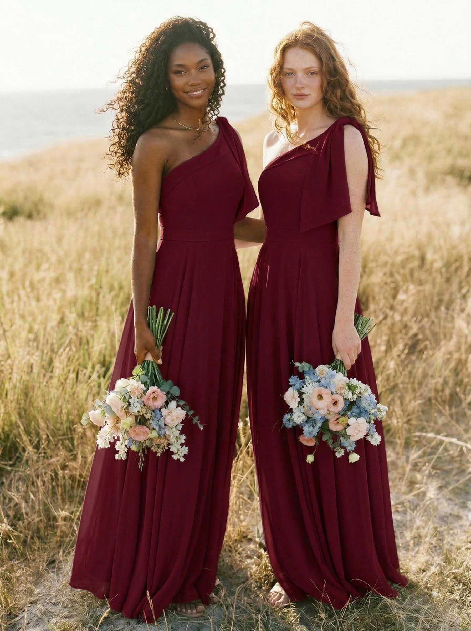 A-Line One-Shoulder Sleeveless Floor-Length Chiffon Bridesmaid Dresses With Bow(s)/Pockets, product image 30