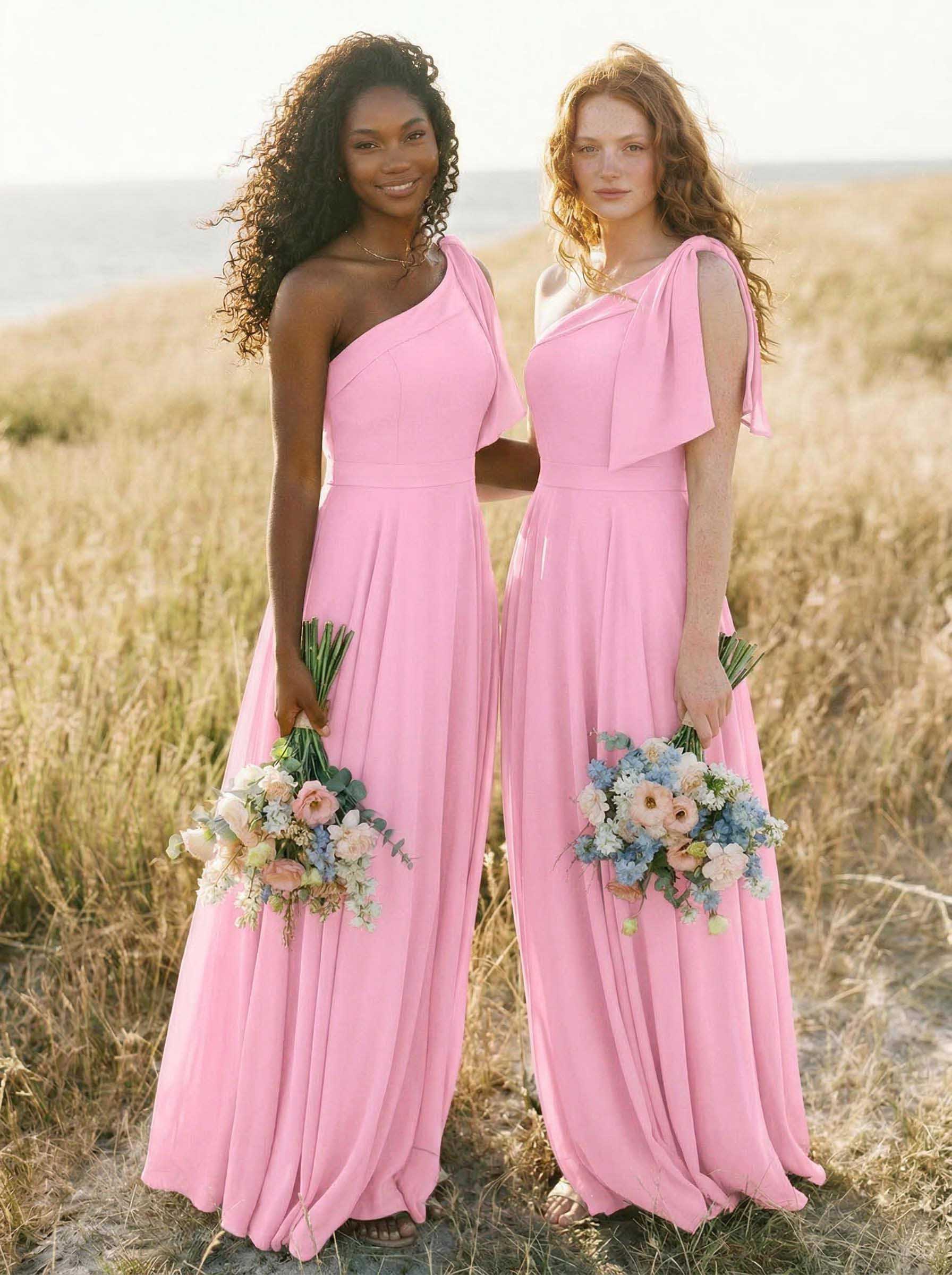A-Line One-Shoulder Sleeveless Floor-Length Chiffon Bridesmaid Dresses With Bow(s)/Pockets, product image 54