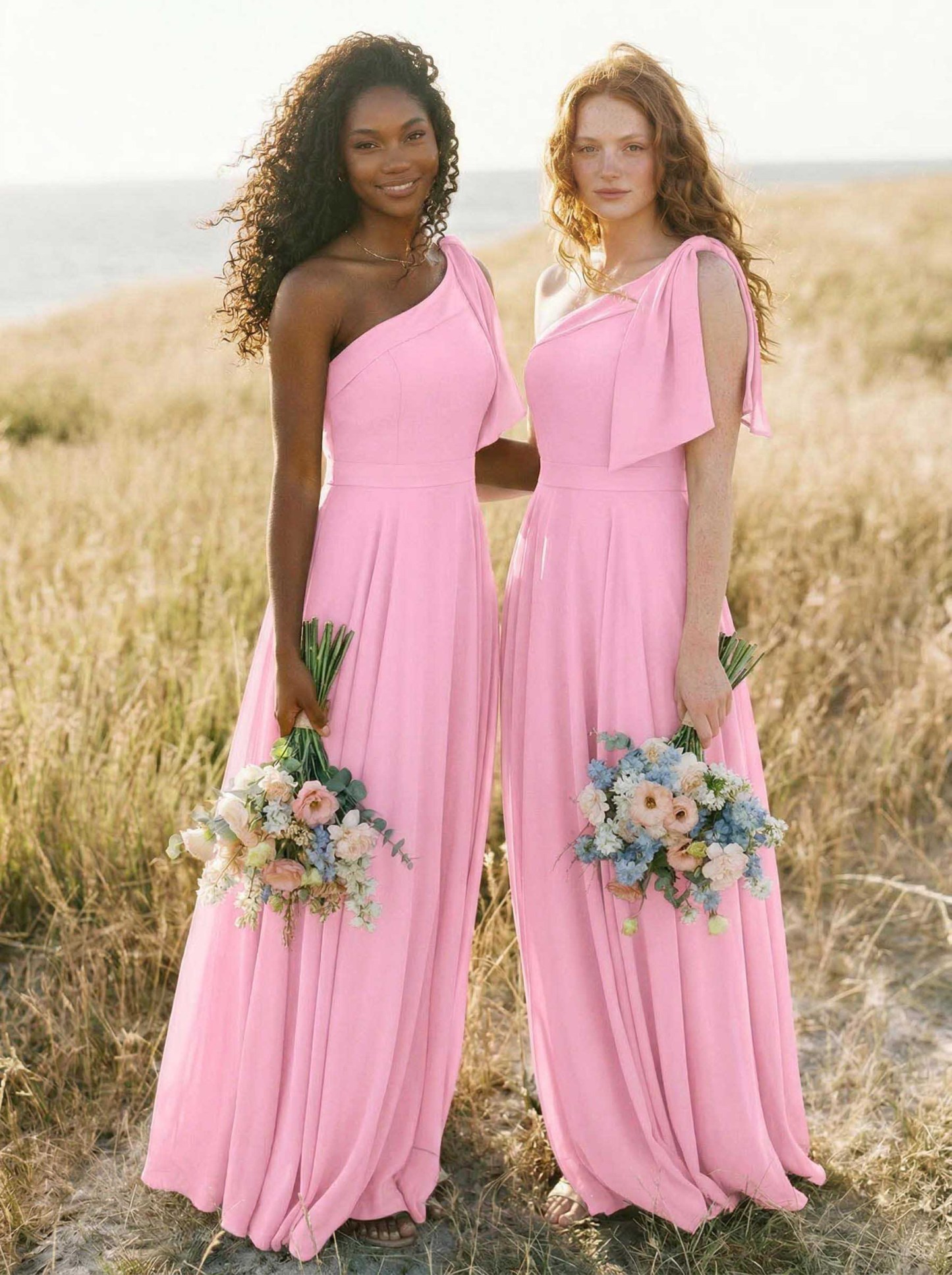 A-Line One-Shoulder Sleeveless Floor-Length Chiffon Bridesmaid Dresses With Bow(s)/Pockets, product image 54