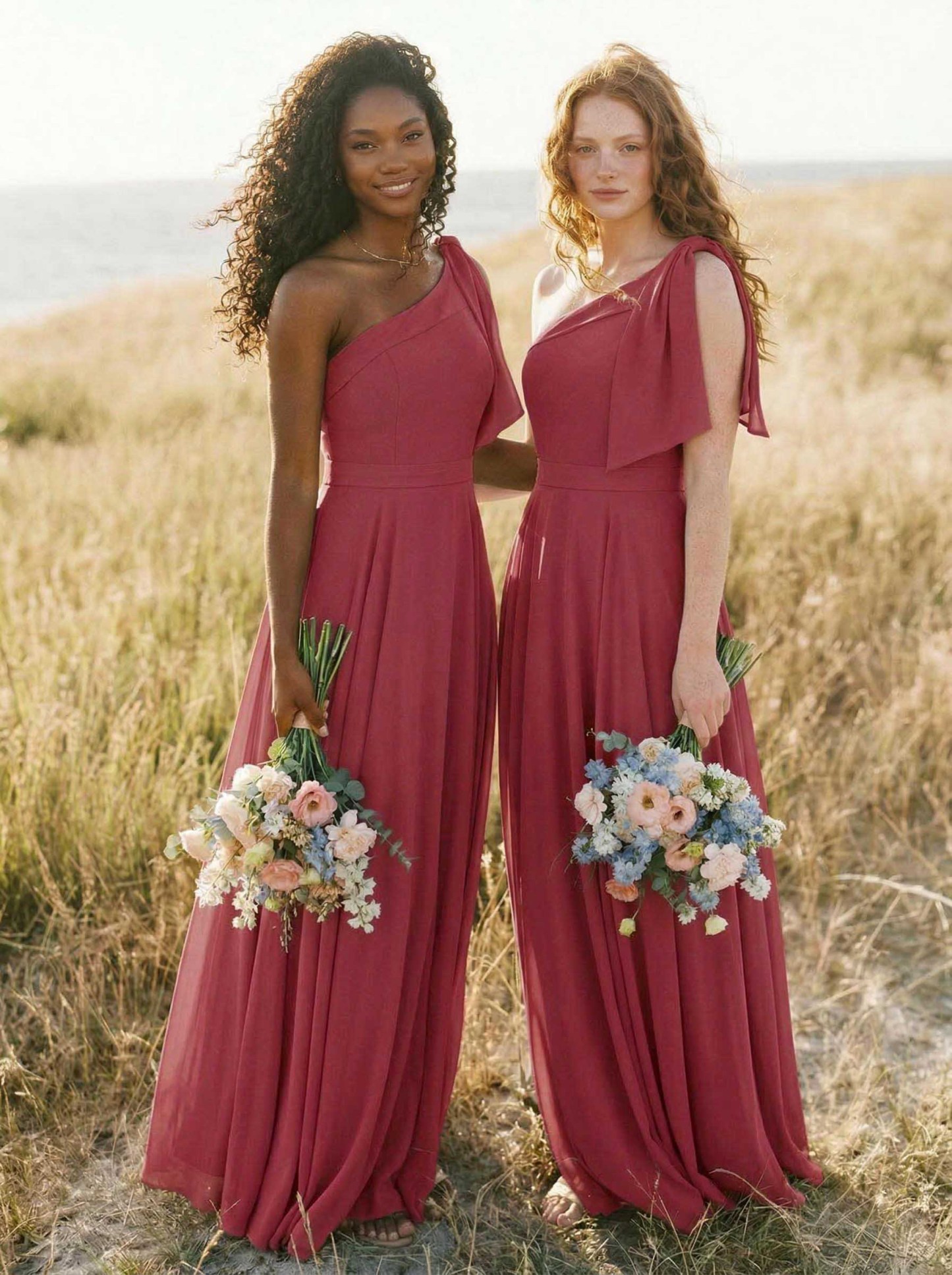 A-Line One-Shoulder Sleeveless Floor-Length Chiffon Bridesmaid Dresses With Bow(s)/Pockets, product image 32